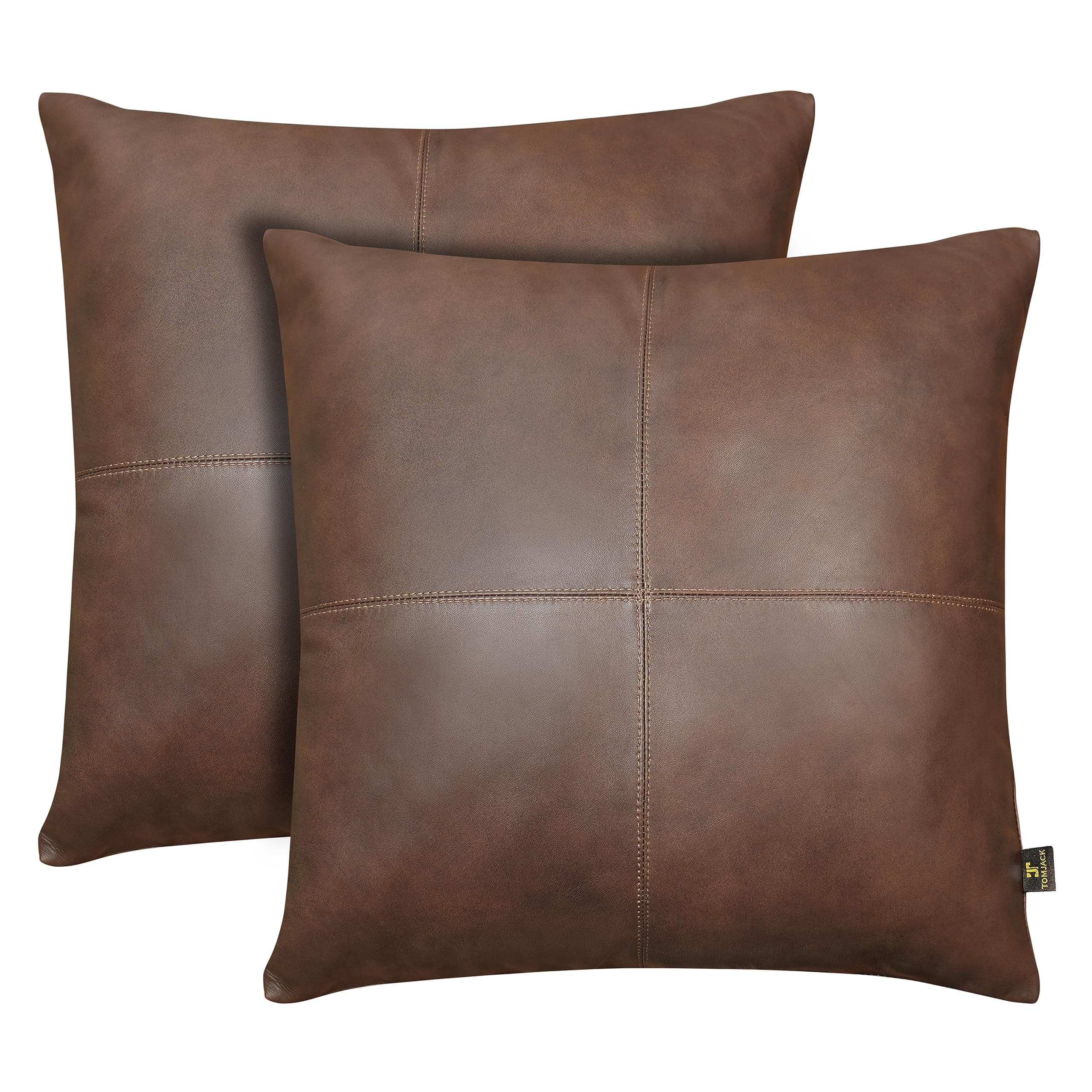 TOMJACK Lambskin Leather Pillow Cover - Decorative Sofa Cushion Case - Throw Covers for Living Room & Bedroom, 18" x 18" - Espanol Timber Brown Plain Pack of 2