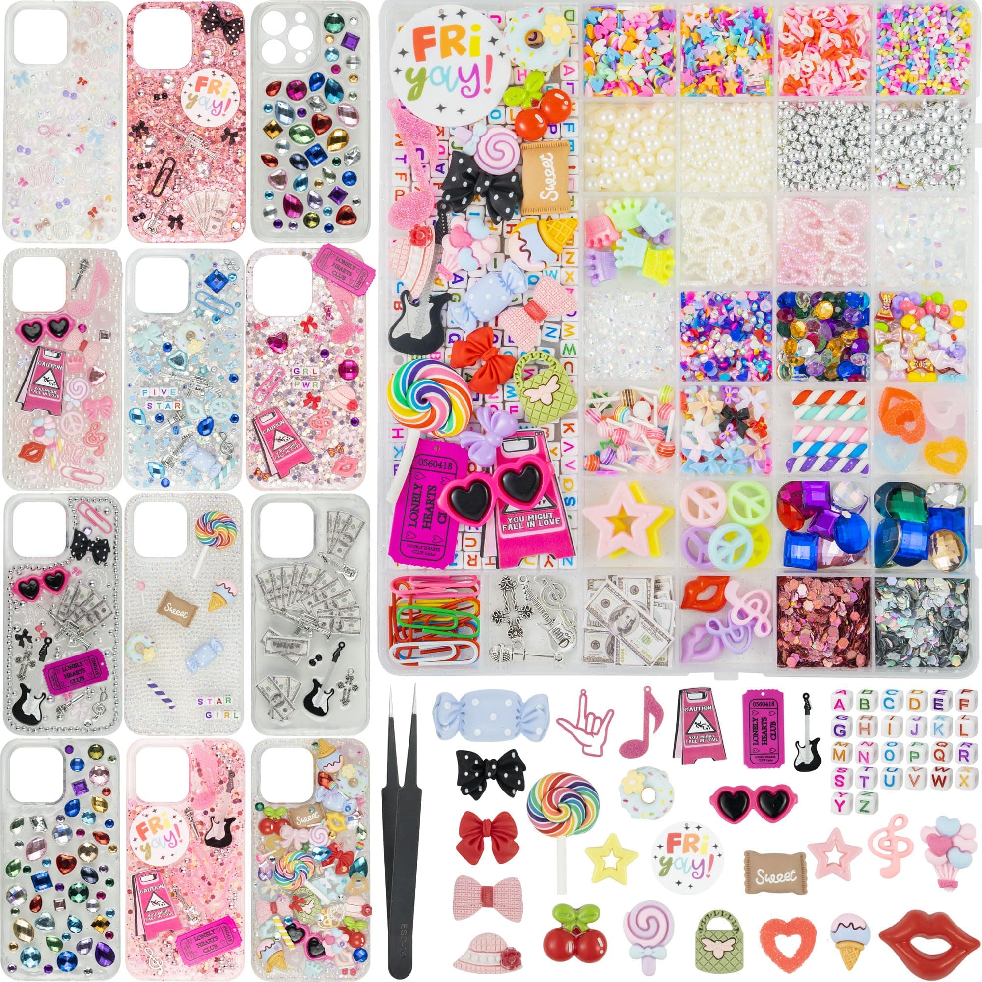 DoDoBeads 2250 Pcs Junk Phone Case Charms Kit, Charms for Customizing Cases, Kawaii Bow, Letter Beads, Nail Accessories, Flatback Pearls, Rhinestones, Cute Aesthetic Decor for Personalization