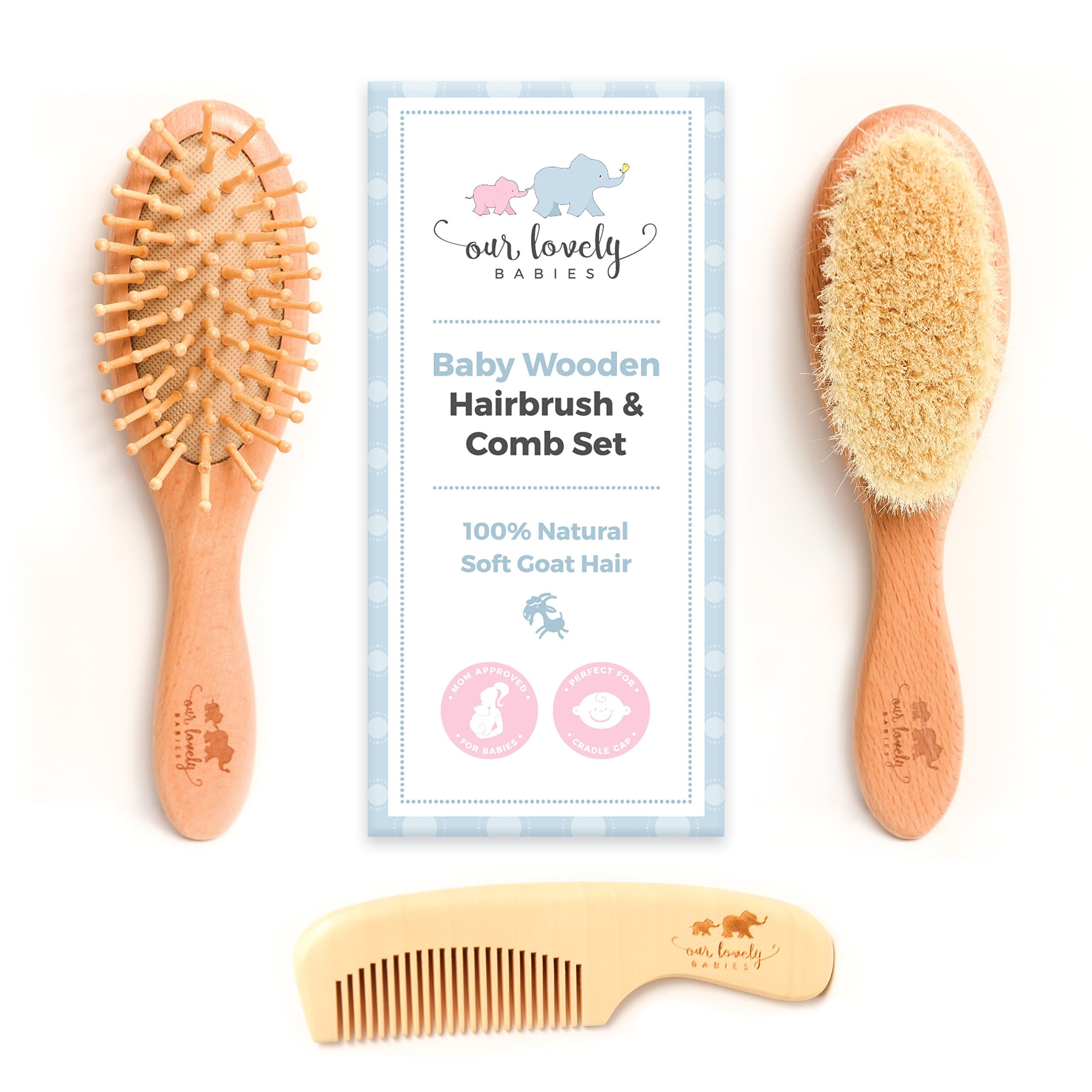 Baby Hair Brush & Detangler Comb Set | Natural Soft Goat Hair Bristles | For Newborns/Toddlers, Girls/Boys and Curly Hair | Cradle Cap or Kids Dandruff Solution | Perfect Baby Shower & Registry Gifts