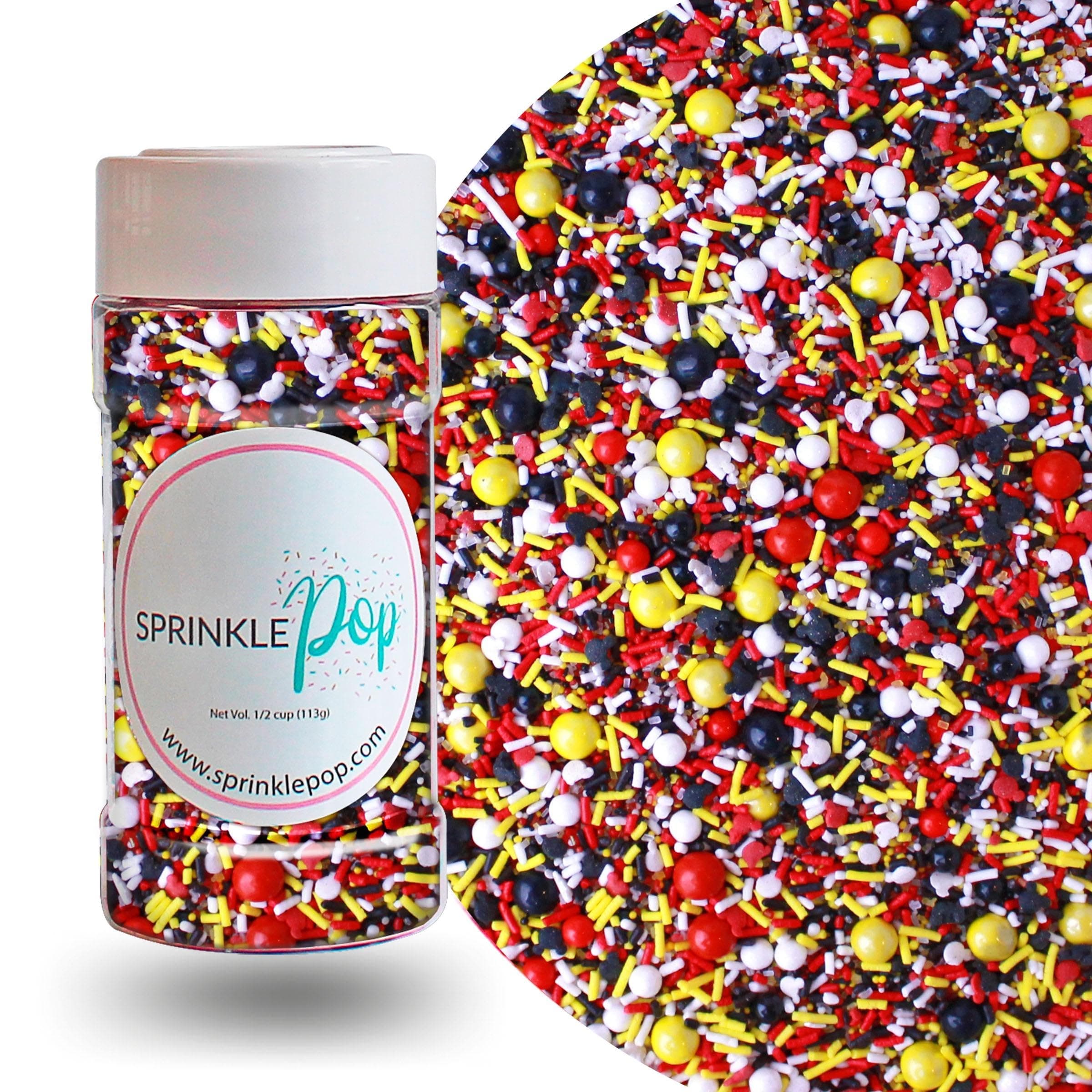 Sprinkle Pop Mouse Ears Sprinkle Mix| Black Red Yellow White Sprinkles with Mouse Ears Confetti| Mickey Themed Sprinkles Made in USA for Decorating Birthday Cakes Cookie Cupcakes Ice Cream, 4oz