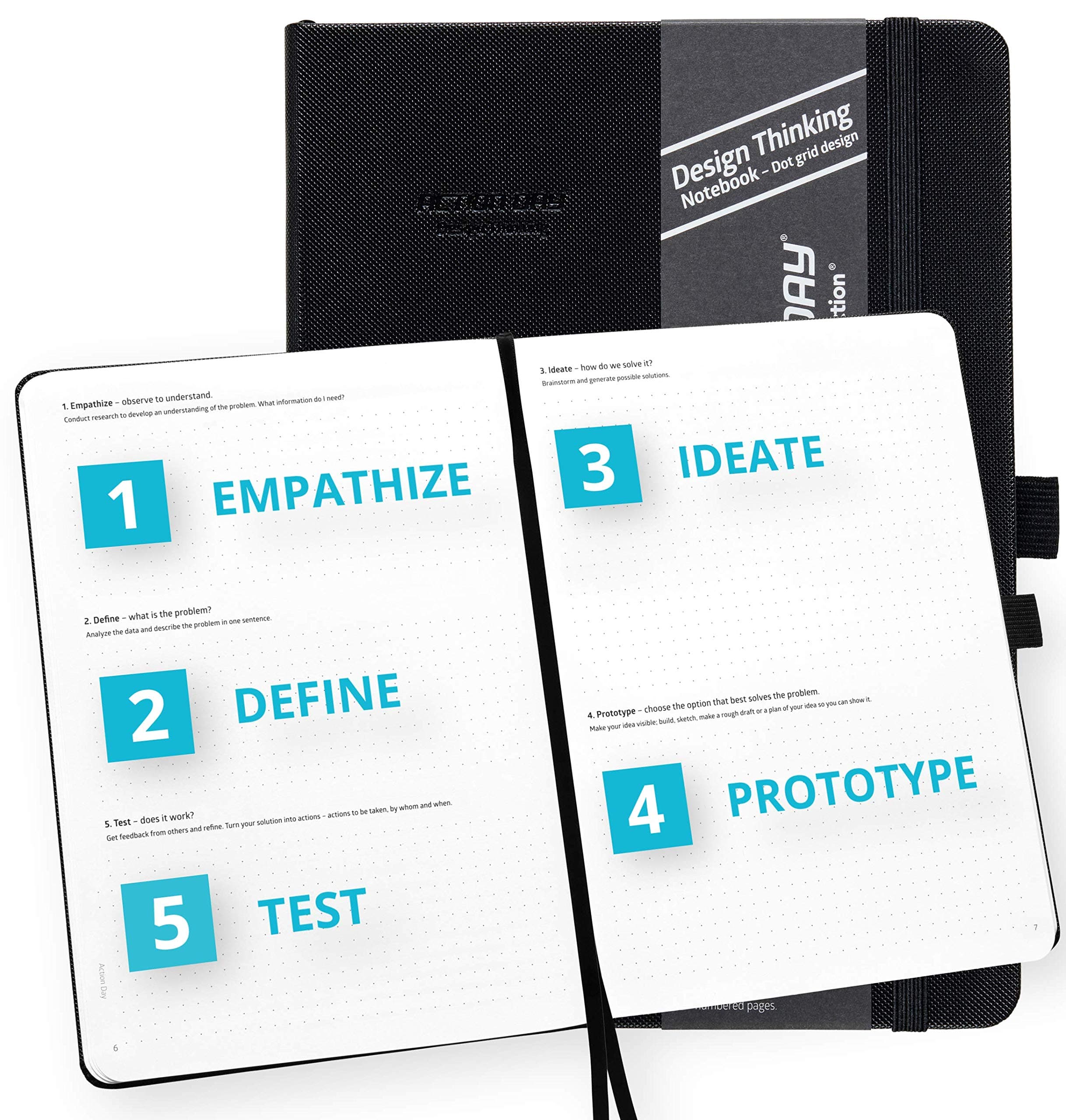 Action Day Design Thinking Notebook, Powerful Tool to Create New Products, Innovation and Solve Problems - Perfect for Office, Home & School, Pocket, Dot Grid Pages (7x9,Black)