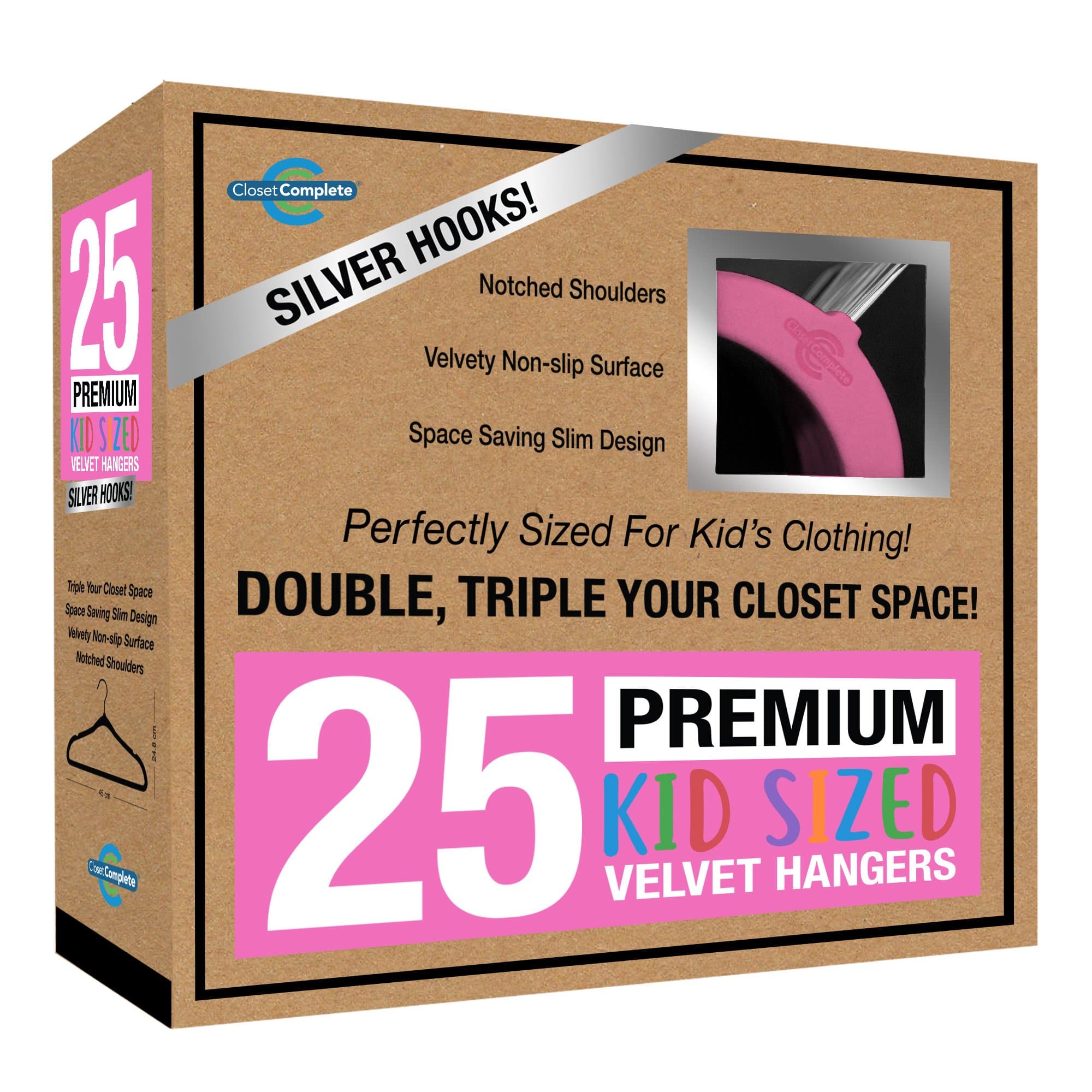 Closet Complete Kids Size, Premium Heavyweight, Virtually-Unbreakable, Velvet Hangers – Ultra-Thin, Space Saving, No-Slip, 360º Spin, Perfectly Sized for Kids 4-15 Years, Pink, Set of 25
