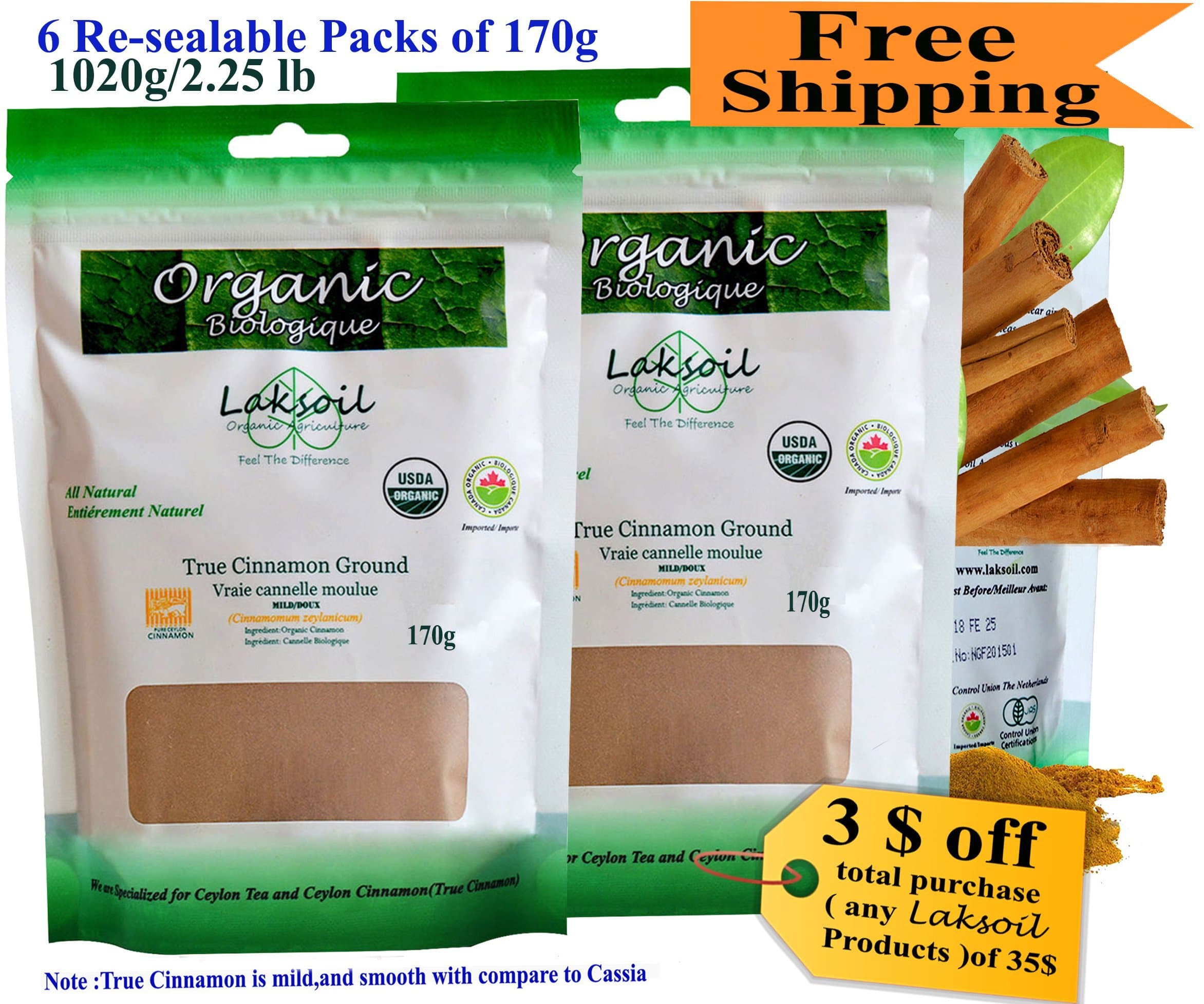 Certified Organic 2.05 LB/ 930g Pure Ceylon/True Cinnamon Powder(C.Zeylanicum)Sulfur Free-Gourmet(152gx6)