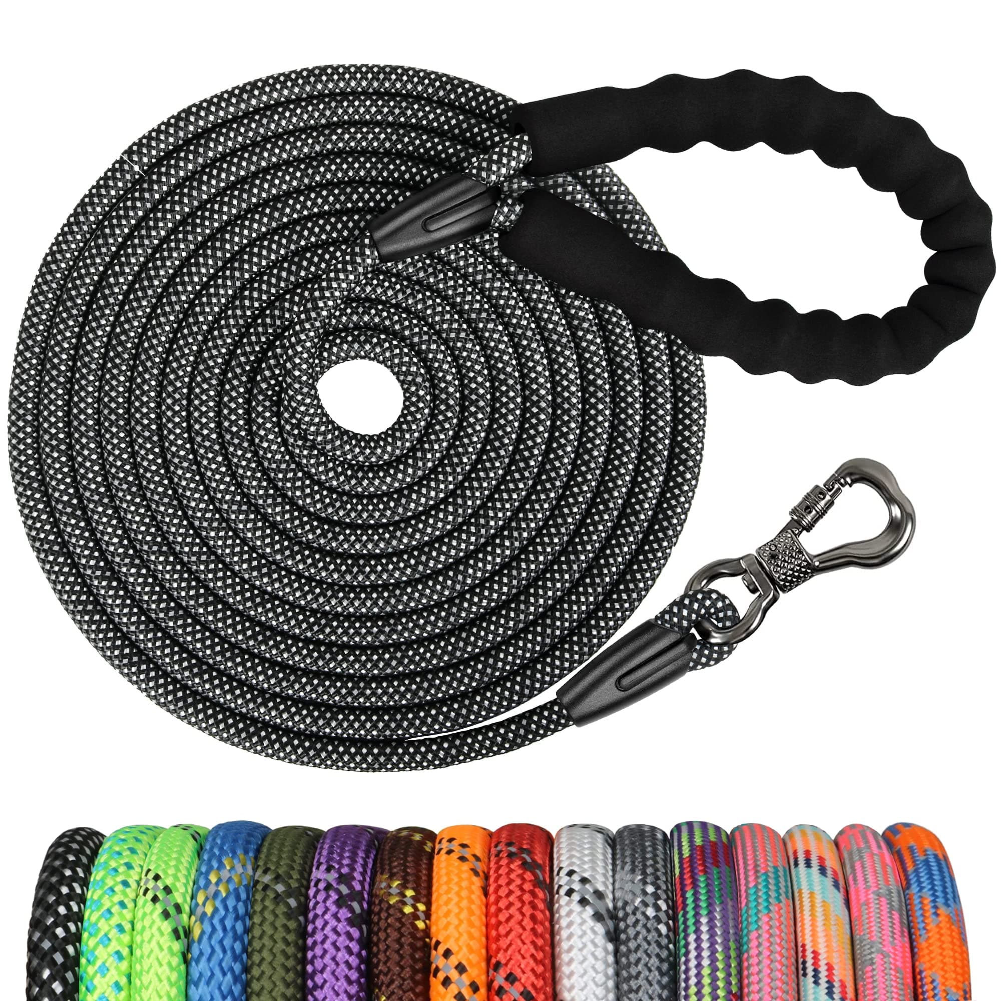 NTR50FT Long Dog Leash, Black Rope Dog Leash with Swivel Lockable Hook and Comfortable Padded Handle, Dog Training Leash Lead for Walking, Hunting, Camping, Backyard for Small Medium and Large Dogs