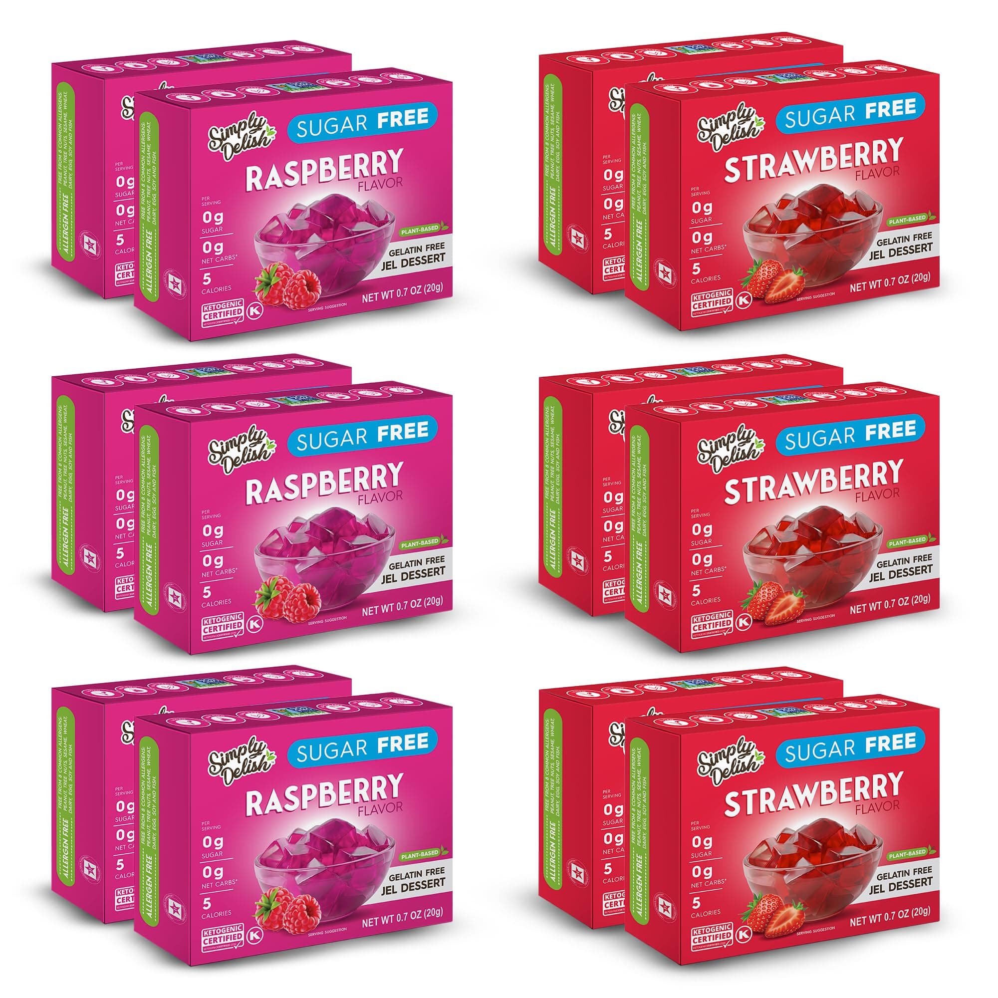 Simply Delish Plant-Based, Sugar-Free, and Keto-Friendly Jel Dessert Bundle - 6 Raspberry & 6 Strawberry Jel Dessert Packs (12 total)
