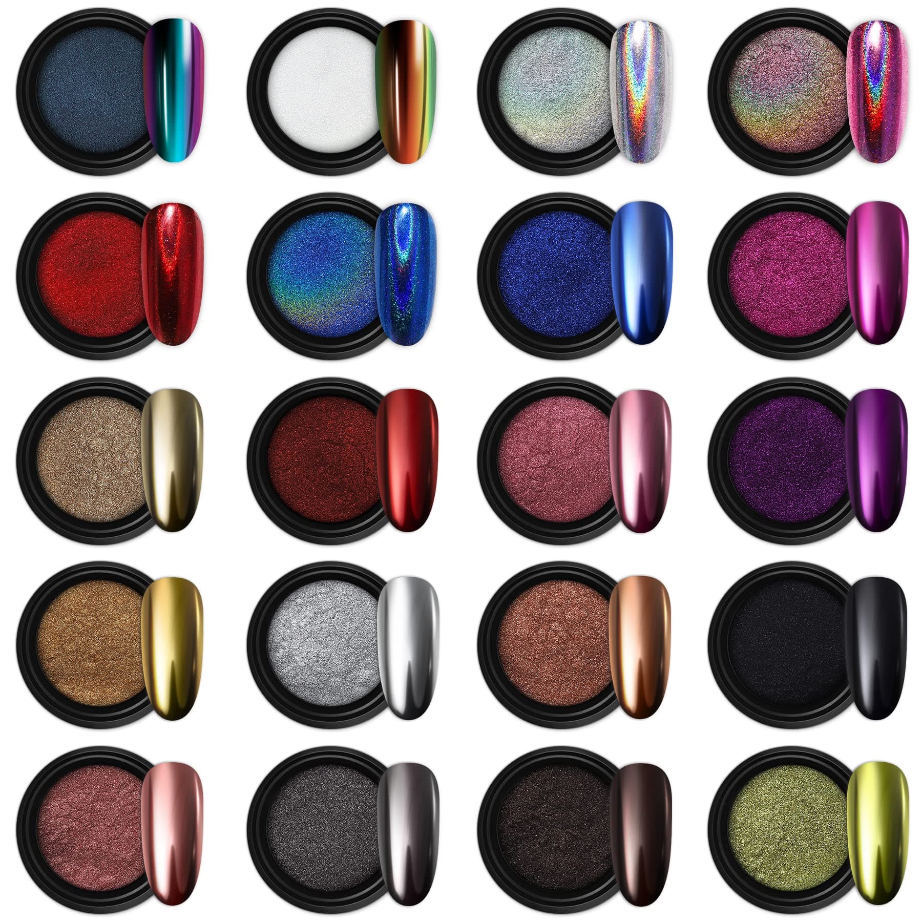 20 Jars Chrome Nail Powder Set Metallic Mirror Effect Holographic Aurora Chameleon Pigment 1g/Jar for Nail Art Glitters Gel Polish Supply Mermaid Unicorn Kit