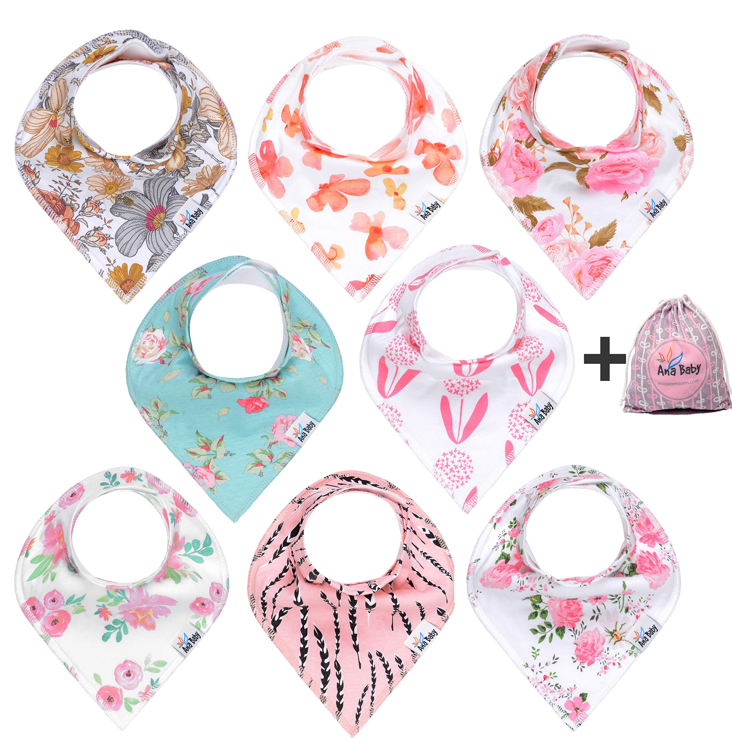 8-Pack Baby Bandana Drool Bibs for Drooling and Teething, 100% Organic Cotton, Soft and Absorbent,Bibs for Baby Girls - Baby Shower Gift Set by Ana Baby …