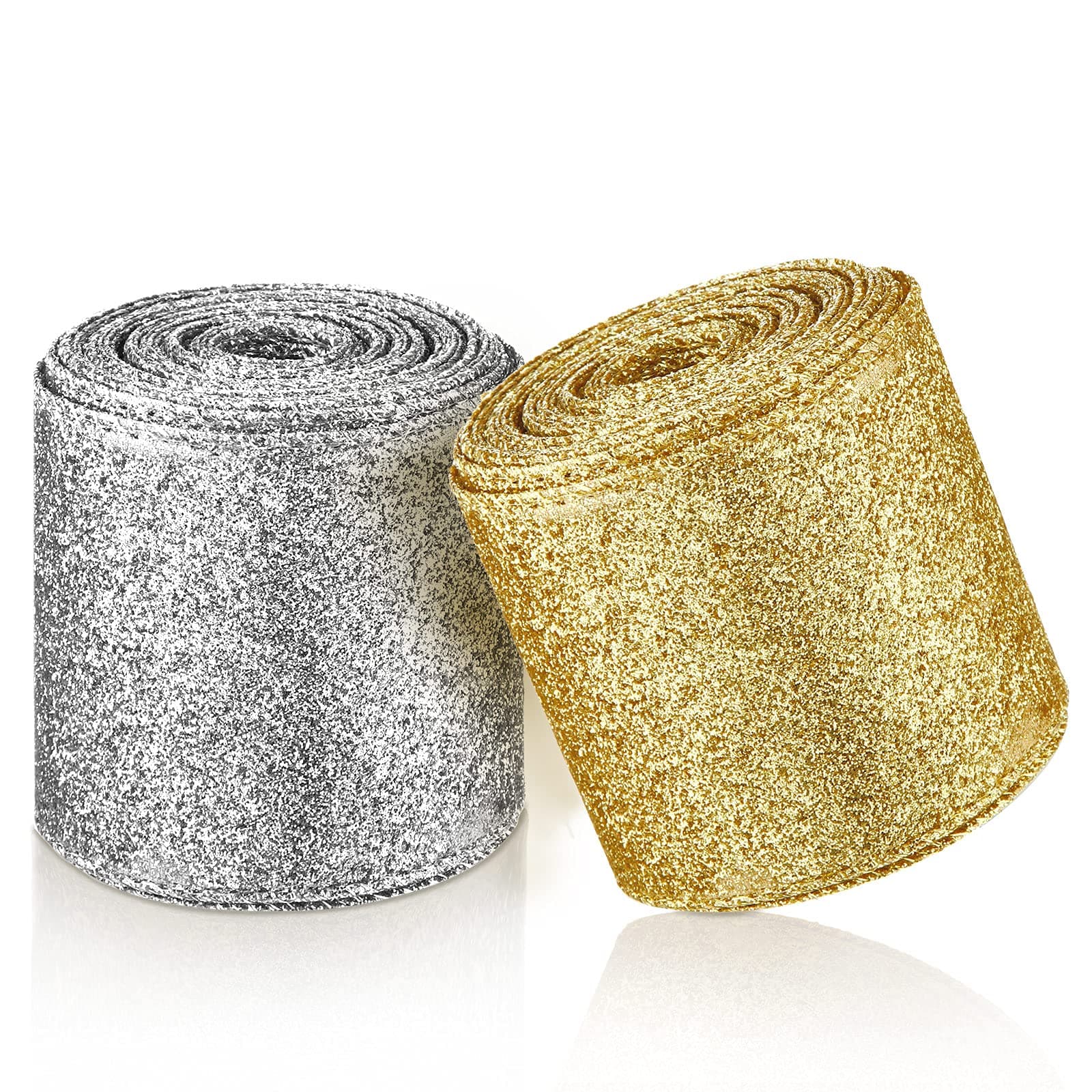 2 Rolls 20 Yards Christmas Ribbon Metallic Glitter Ribbon Wired Edge Decorative Fabric Ribbons for Party Wrapping Home Decorations Wedding Birthday DIY Crafts 2.5 Inch (Gold, Silver)