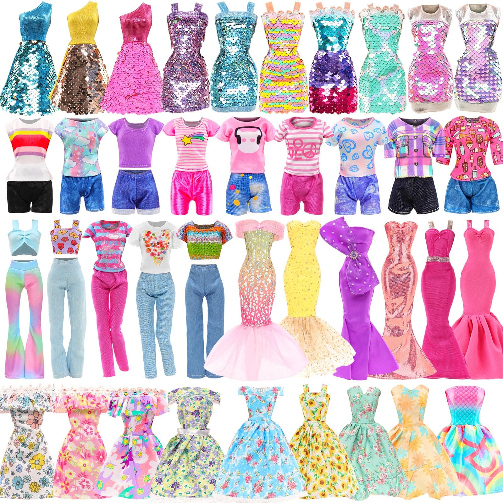 BARWA 11 Sets Doll Clothes Including 2 Sequins Dresses 5 Mermaid Floral Dresses 4 Casual Outfits Tops and Pants for 11.5 inch Girl Dolls