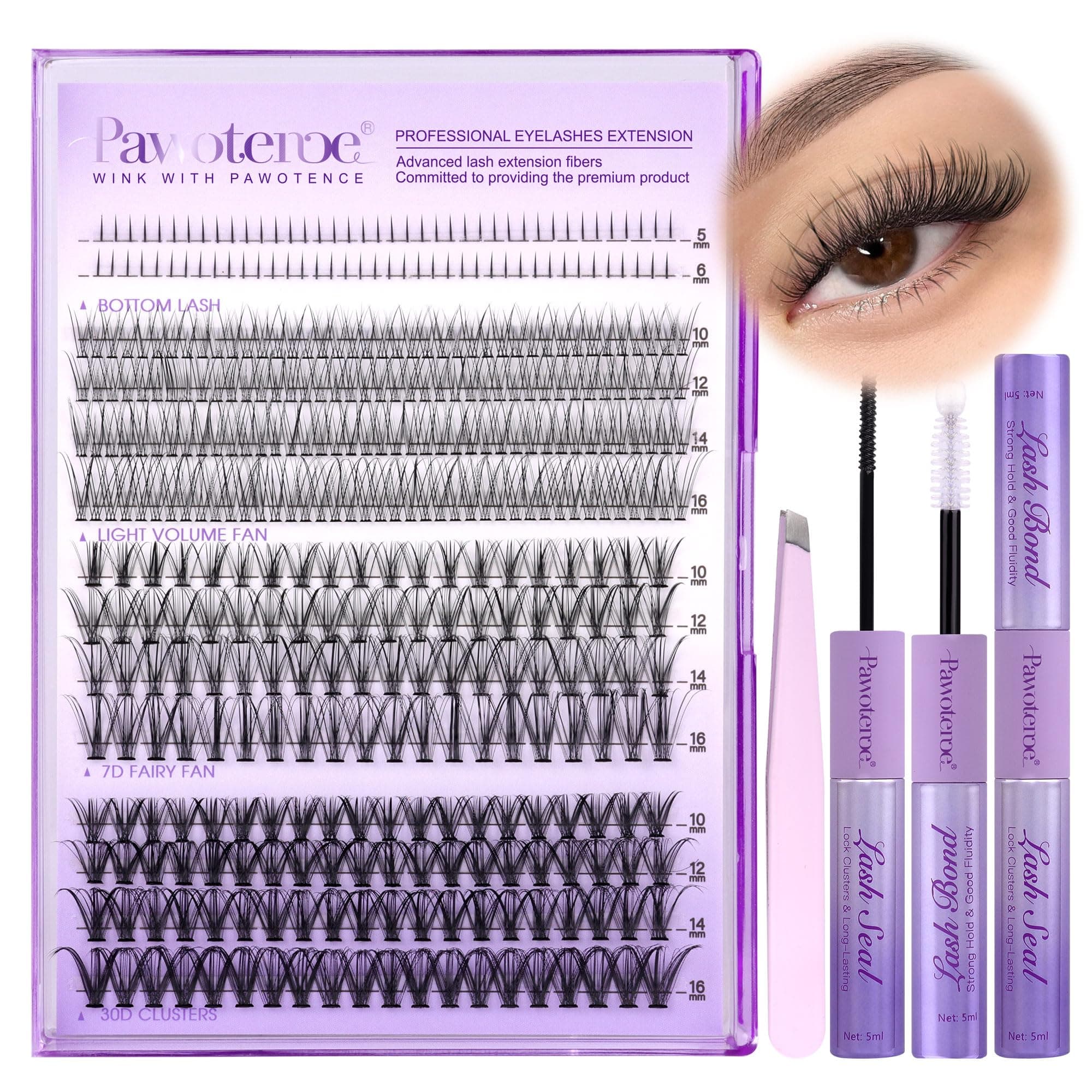 Pawotence Lash Extension Kit Clusters Multi-Types Individual Lashes Natural Bottom, Light Volume, 20D 30D Eyelash With Bond And Seal, Applicator For Self Use