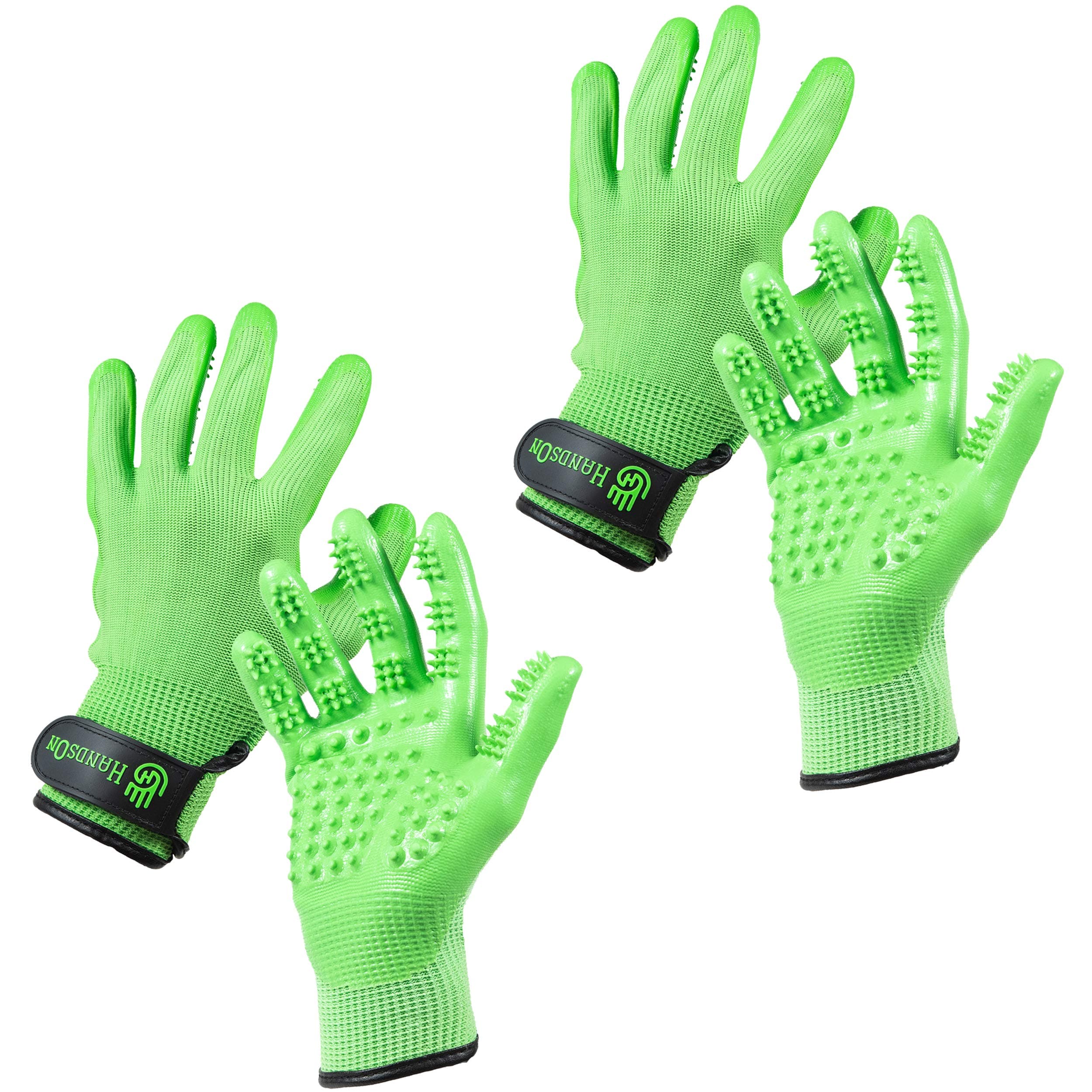 HandsOn Pet Grooming Gloves - #1 Ranked, Award-Winning Cat, Dog & Horse Hair Remover Gloves - Bathing, Shedding & Massaging Tool - Gentle Brush for Long & Short Fur (2 Pairs, Green, M & L)