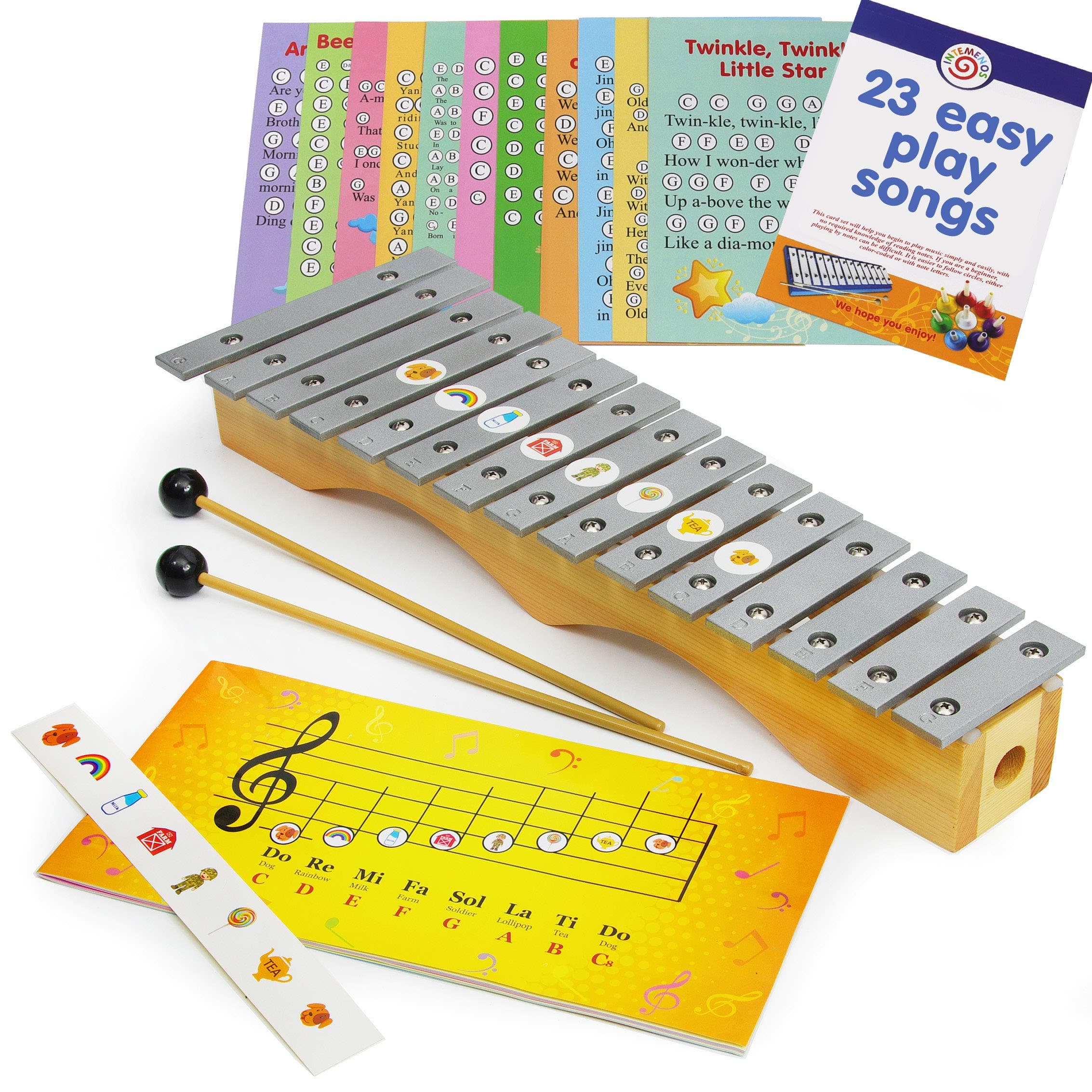 Glockenspiel Xylophone 15 Keys - Kids Sheet Music Book, 23 Songs Card Set