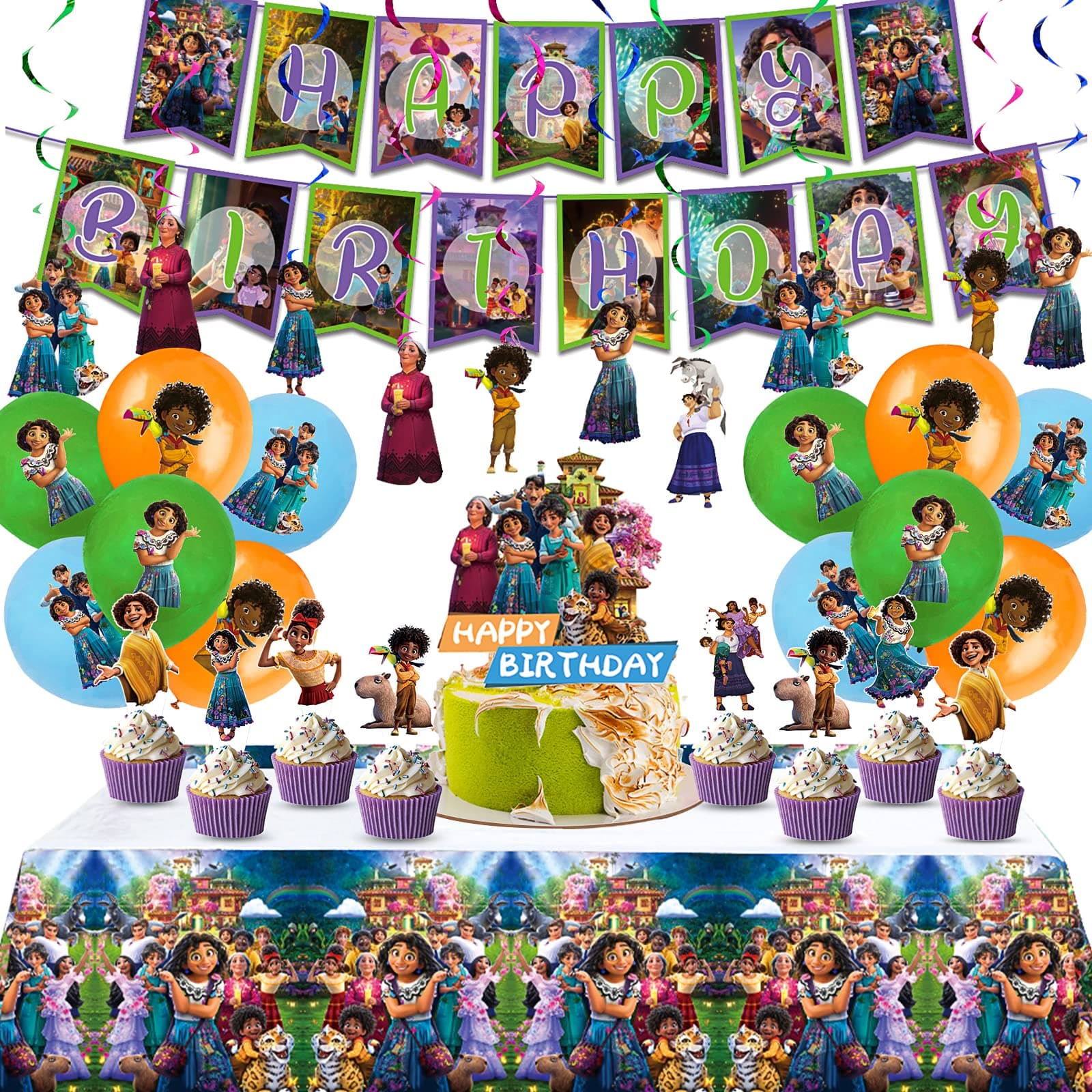 Encanto Birthday Party Supplies, Party Decorations Set Include Banner, Tablecloth, Balloons, Hanging Swirls, Cake Cupcake Toppers for Baby Shower Boys Girls Magic Theme Party