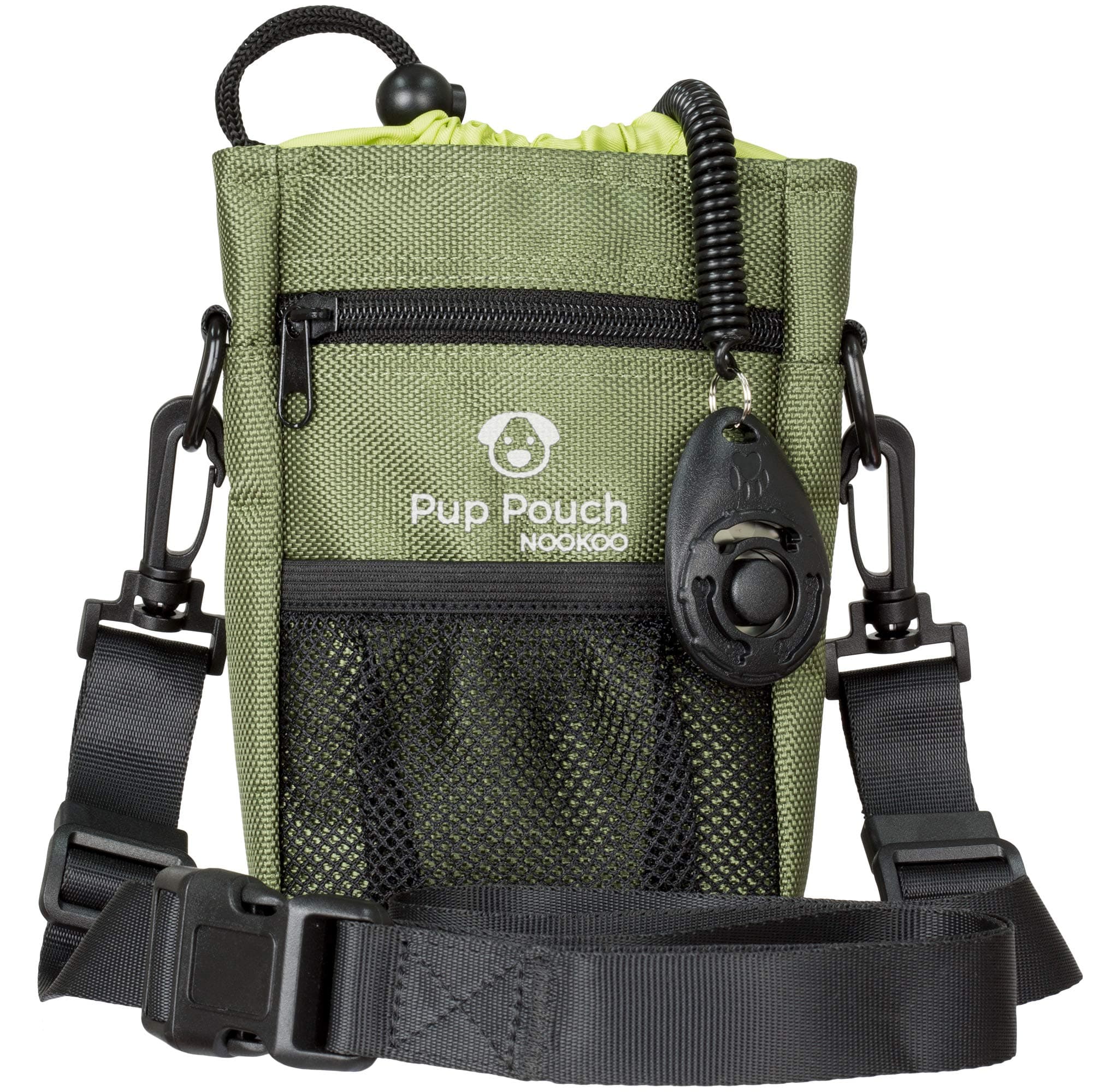 Dog Clicker Treat Walking Training Pouch Bag Bonus Clicker Trainer - Built-in Double Poop Bag Dispenser, Drawstring Closure - Carries Balls, Toys, Treats - 3 Ways to Wear