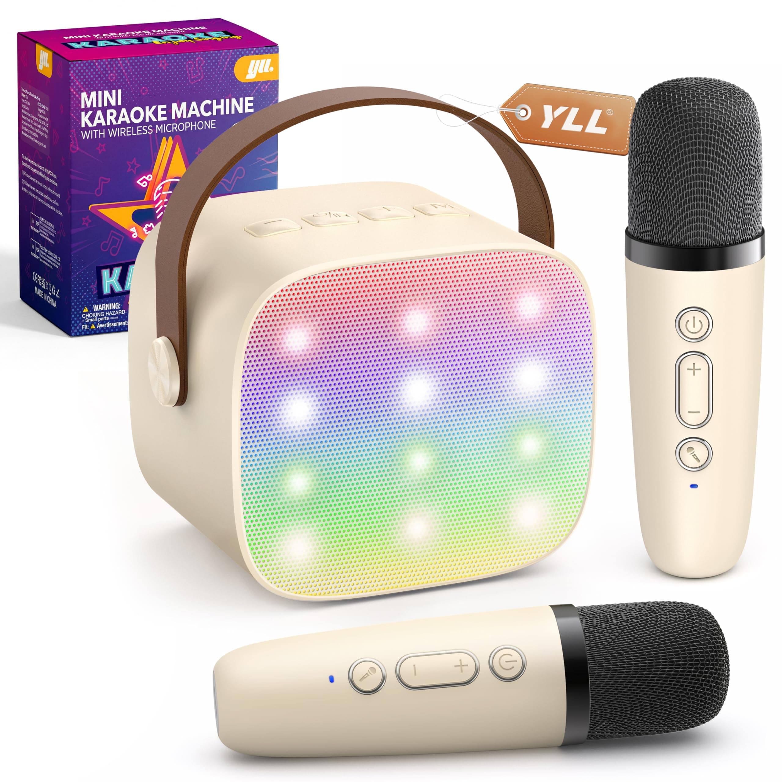 Mini Karaoke Machine with 2 Wireless Microphones for Kids Adults, Portable Bluetooth Speaker Gift for Girls Boys Toys 3, 4, 5, 6, 7, 8, 10, 12+ Years Old Teens Birthday Home Family Party (Cream)