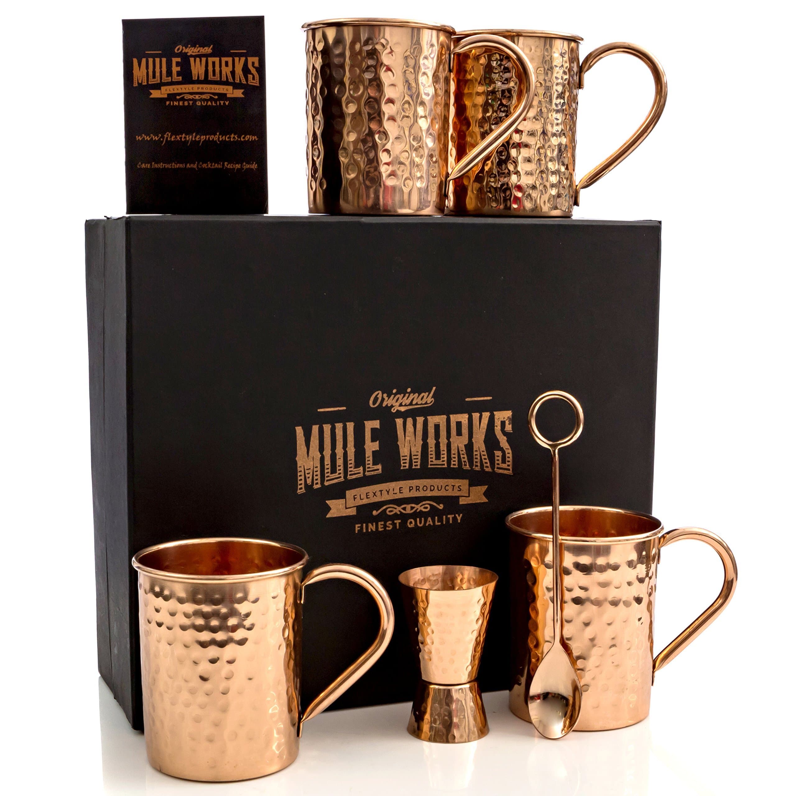 by Flextyle Products - Moscow Mule Mugs Copper 4 Mug Gift Set. 16 oz Capacity 100% Pure Copper Hammered Finish with Copper Jigger and Copper Stirring Spoon - Beautiful Gift Box Included
