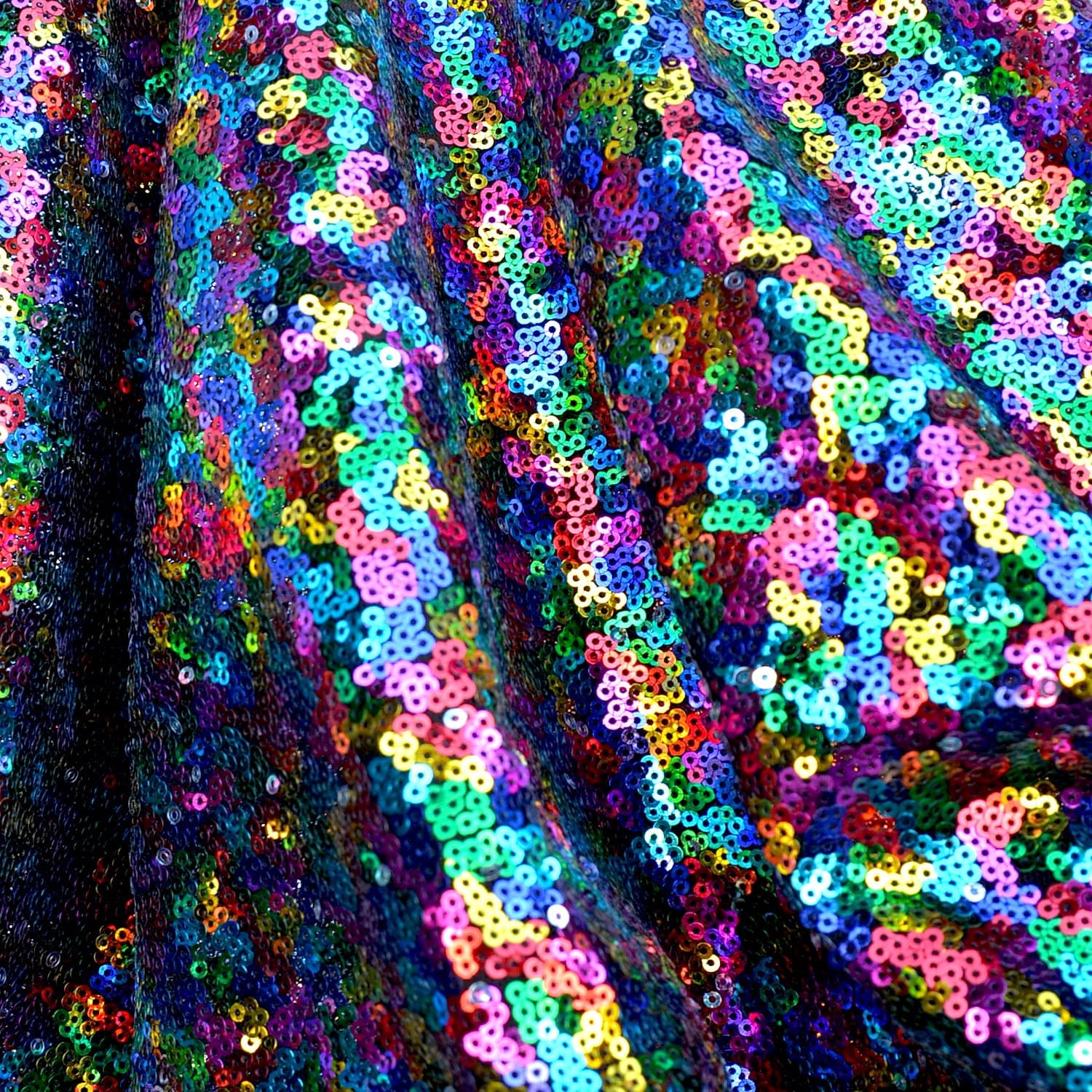 VICTONY Maedi Gras Rainbow Multi Colored Solid Sequin on Black 2 Way Stretch Mesh 55 Inch Wide Buy it by The Yard JN00366