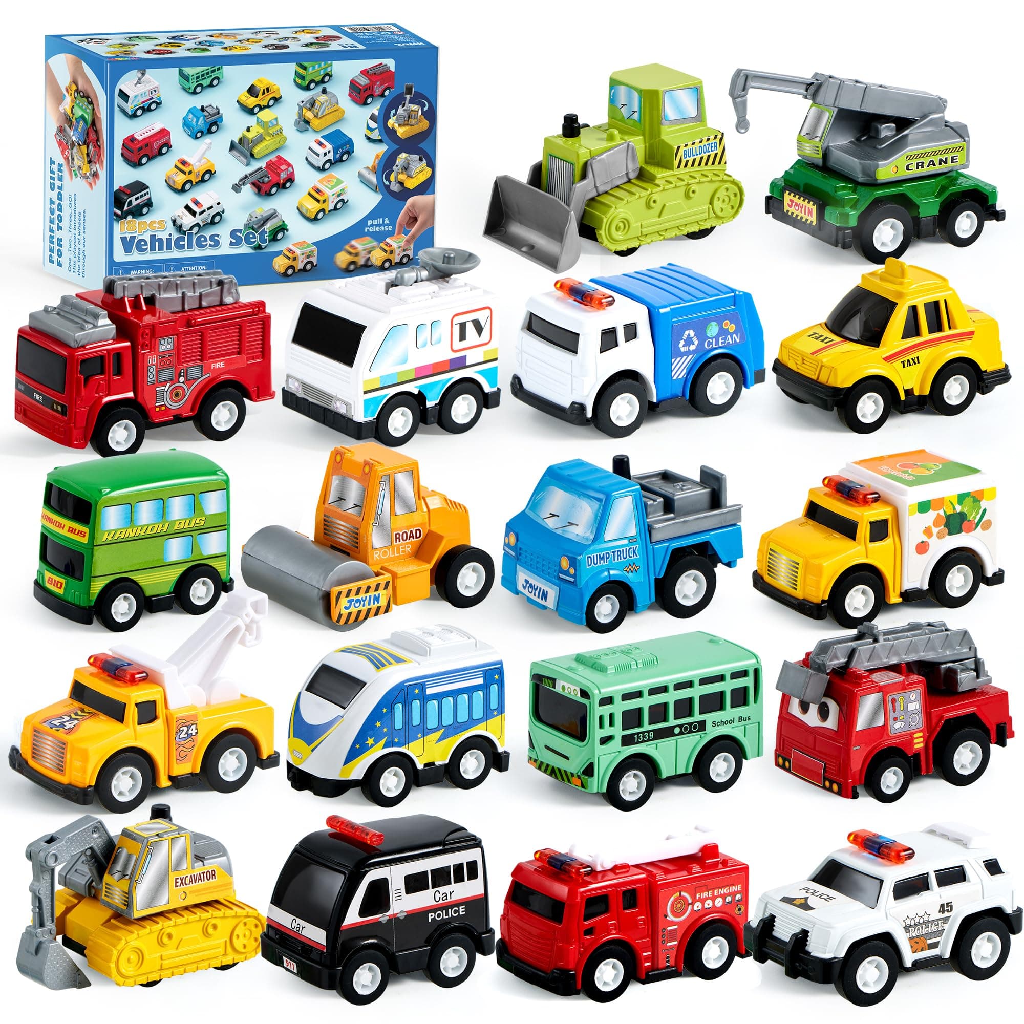 18 Pcs Pull Back City Cars and Trucks Toy Vehicles Set, Friction Powered Cars Toys for Toddlers, Easter Basket Stuffers, Party Favors for Kids 3-5, Gifts for Boys and Girls, Easter Egg Fillers