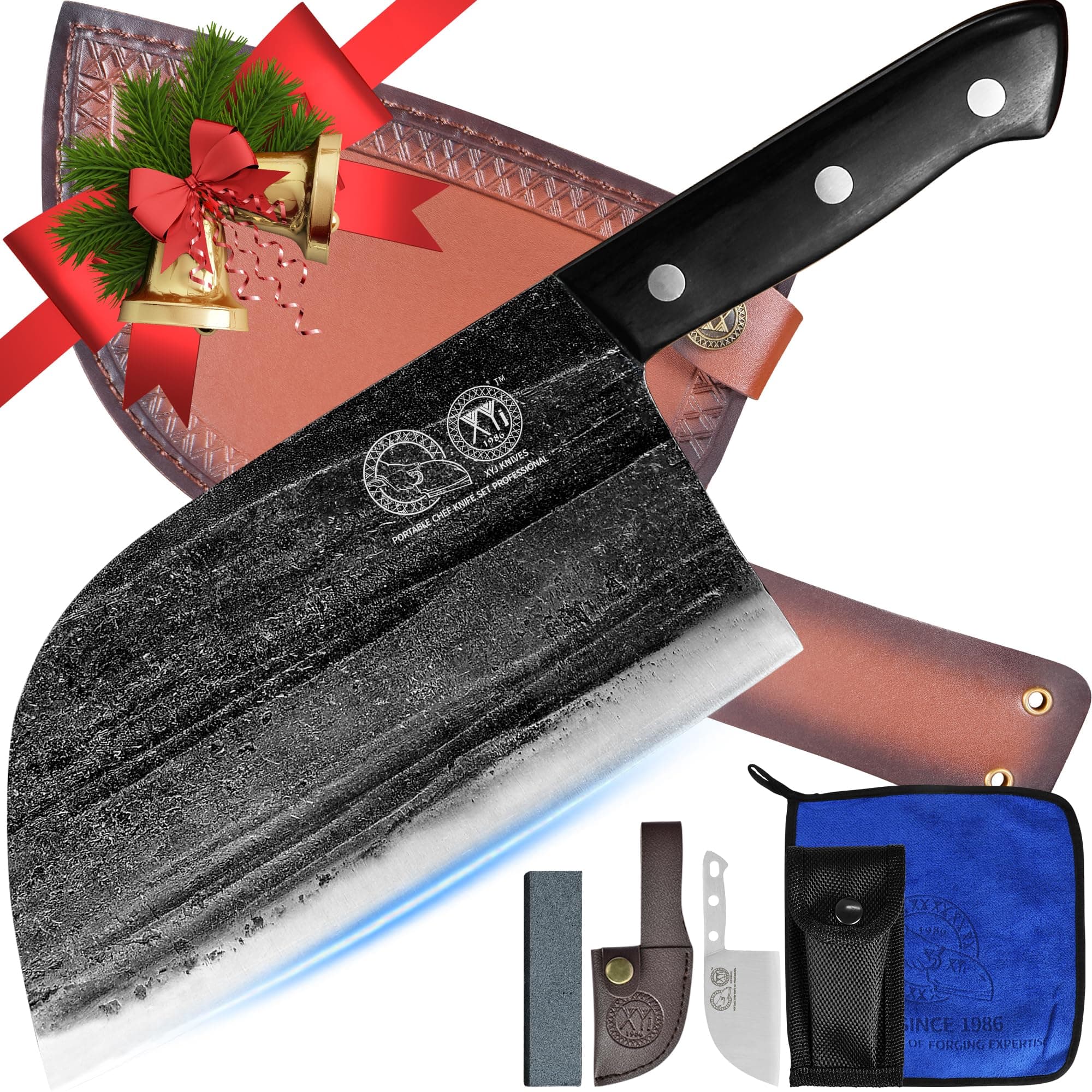 XYJ Authentic Since 1986,Outstanding Ancient Forging, 7.5 Inch Full Tang, Serbian Chefs knife,Chef Meat Cleaver,Kitchen Knives,Set with Leather Sheath,Take Carrying,Butcher