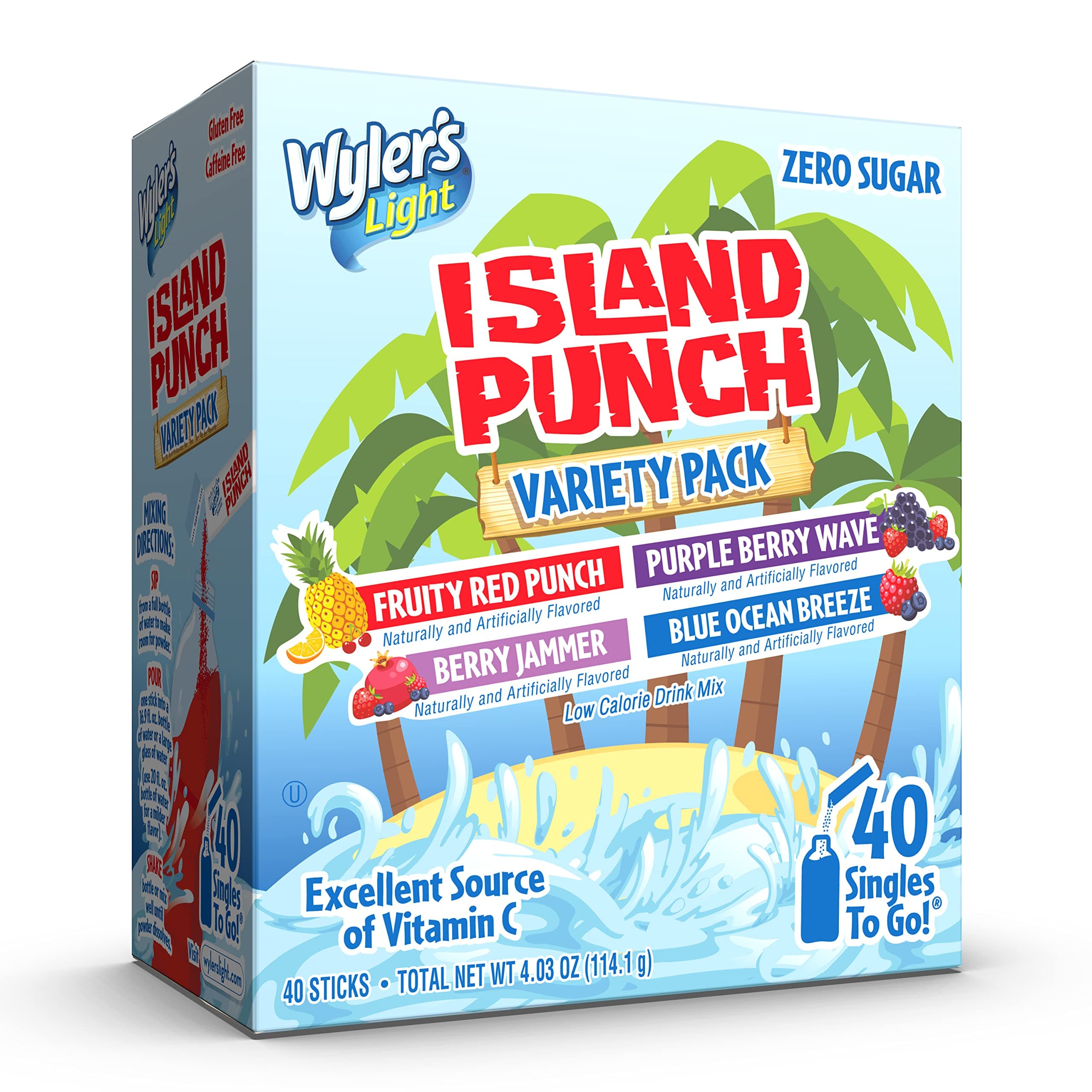 Wyler's Light Island Punch, Singles to Go Variety Pack, Fruity Red Punch, Purple Berry Wave, Berry Jammer and Blue Ocean Breeze, 40 Total Sticks