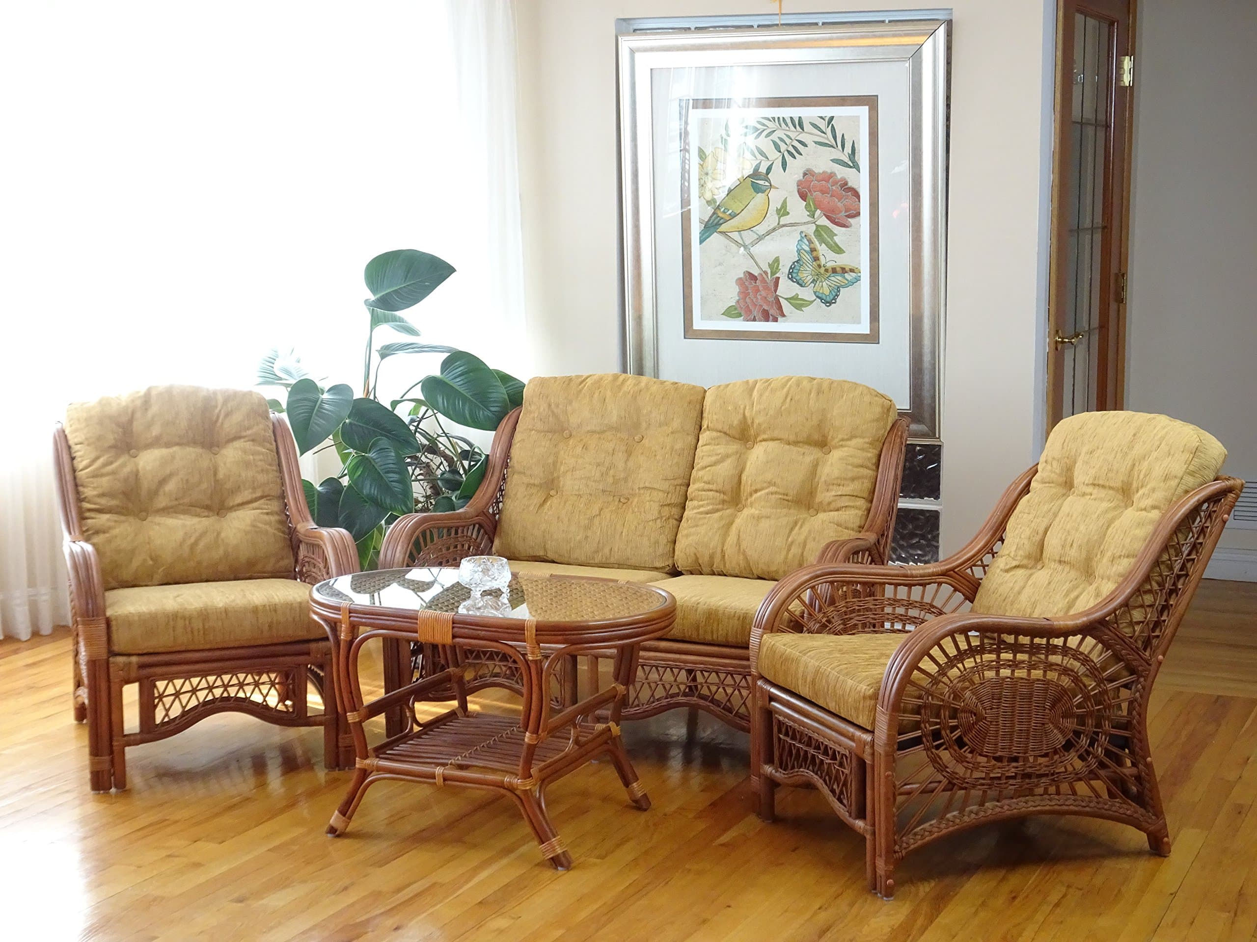 Malibu Lounge Set of 2 Natural ECO Rattan Wicker Chairs, Loveseat with Light Brown Cushion and Coffee Table w/Glass Handmade, Cognac