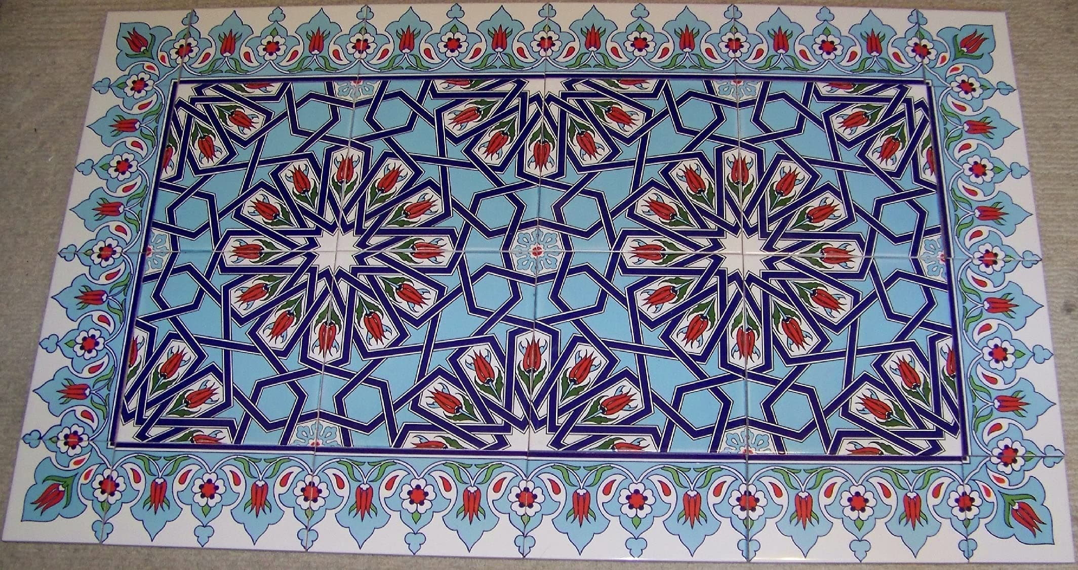 Turkish Iznik Carnation & Floral Pattern Ceramic Tile Mural Panel (24"x40")