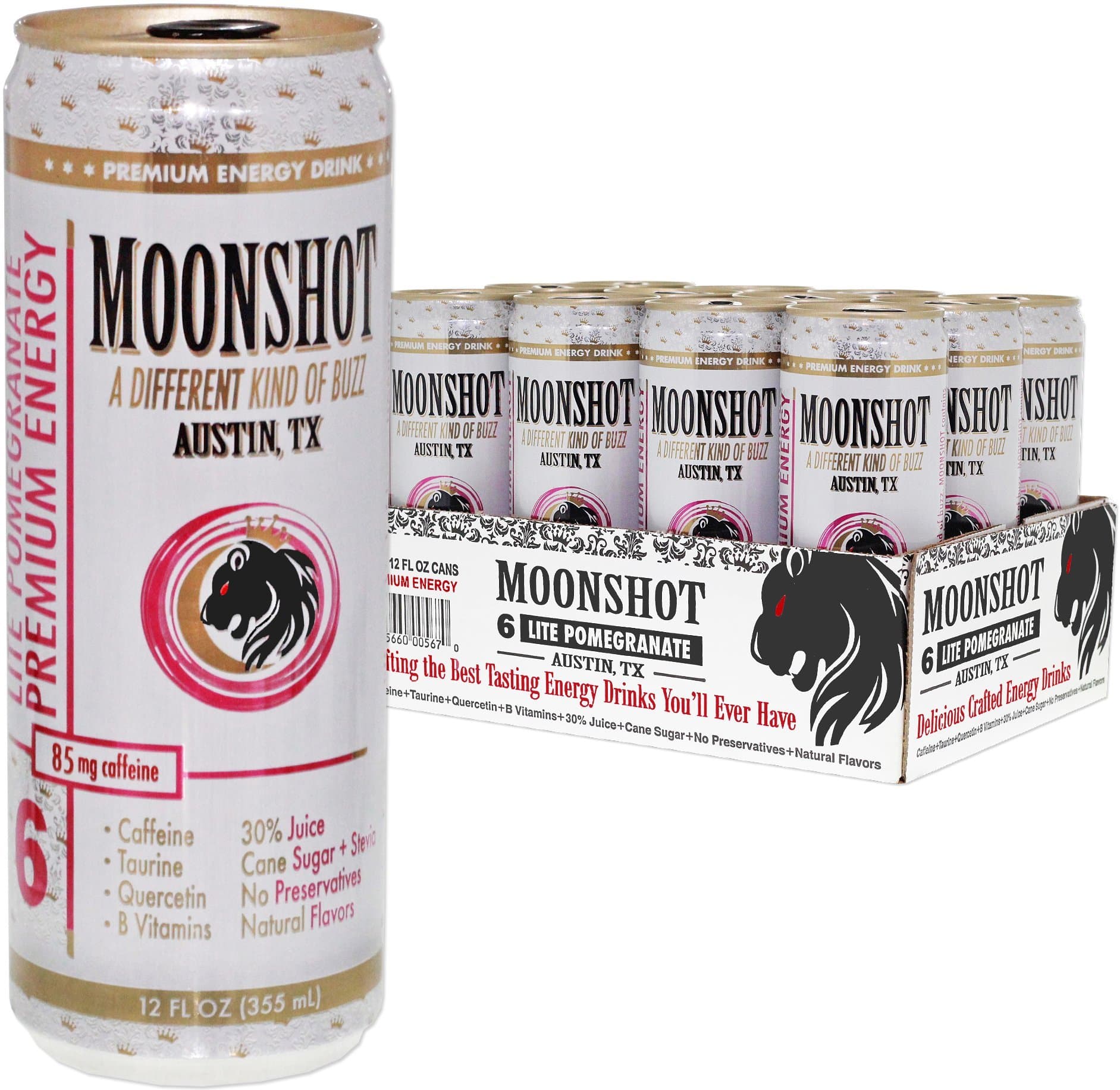 MOONSHOT Sparkling Lite Pomegranate Energy Drink • 30% Juice • 85mg Caffeine • Pure Cane Sugar + Stevia • No Artificial Flavors, Sweeteners, Colors or Preservatives • All Natural Energy