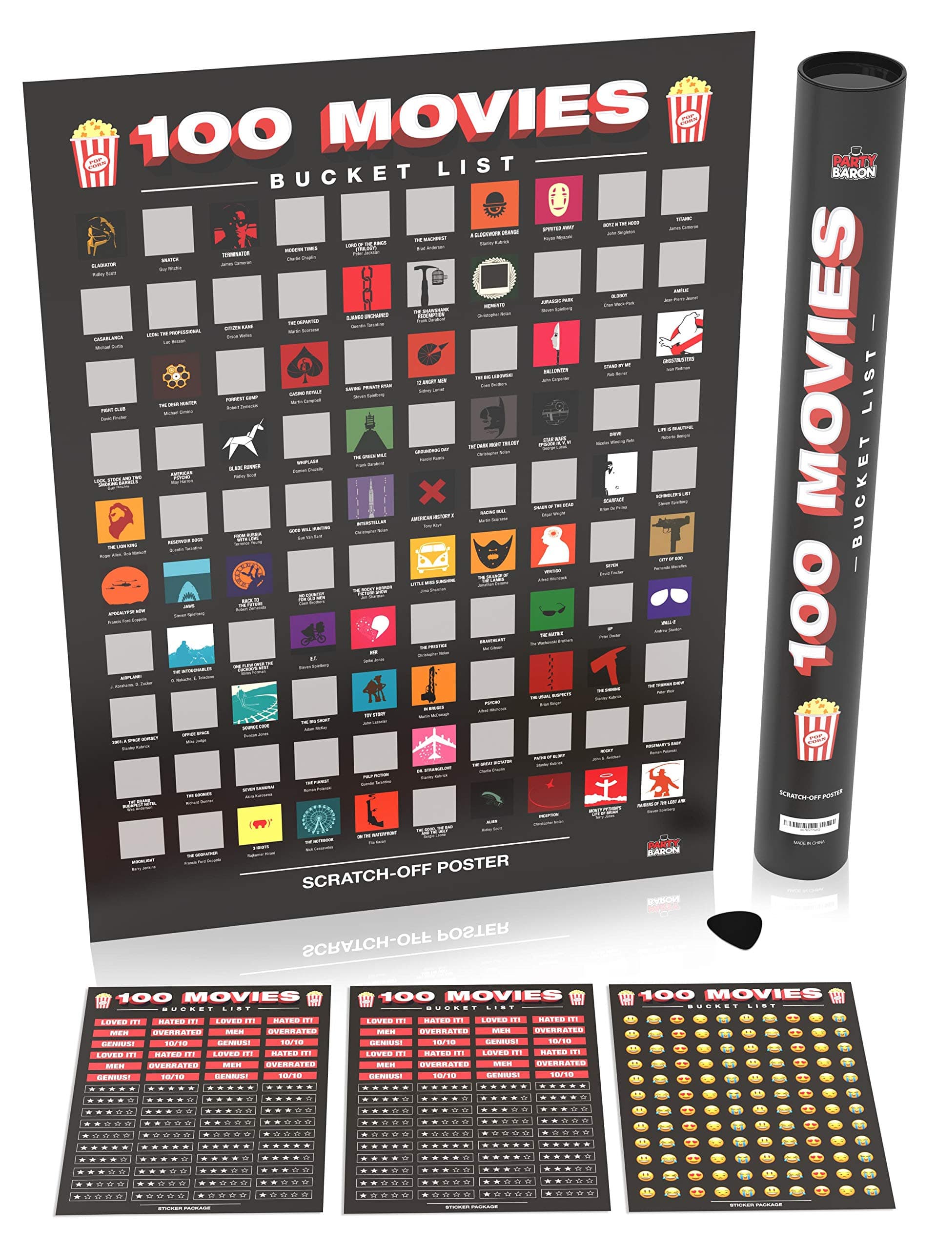 Premium Scratch Off Movie Poster – Top 100 All Time Movies Bucket List – Includes Bonus Stickers & Scratching Tool - Customize Your Poster and Rate Films with Stickers - Perfect for Movie Buffs