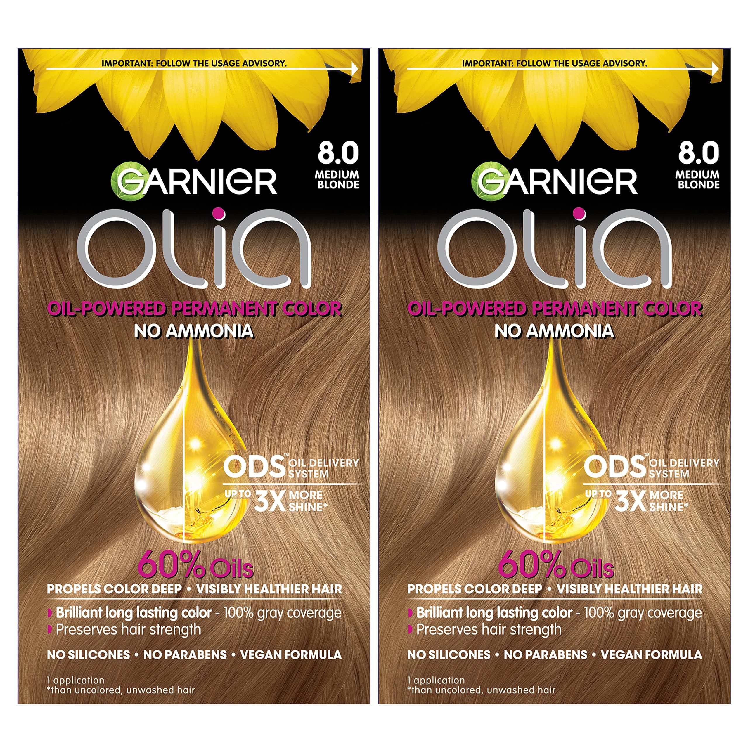 Garnier Olia Ammonia-Free Brilliant Color Oil-Rich Permanent Hair Color, 8.0 Medium Blonde (2 Count) Blonde Hair Dye