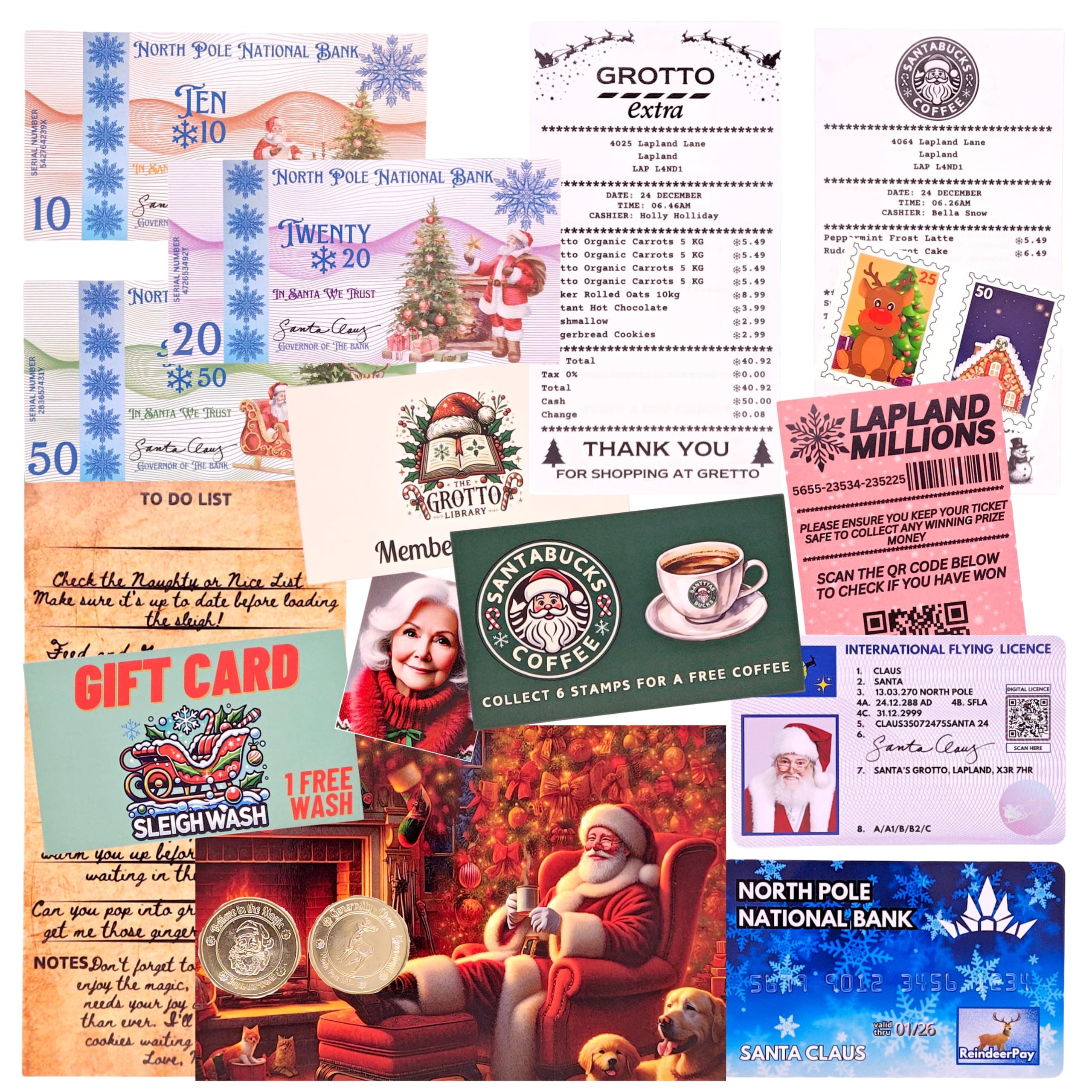 Santa's Lost Wallet Evidence Kit – Magical Christmas Eve Set with Bank Card, Sleigh Flying License, North Pole Money, Loyalty Cards, Receipts & Many More Fun Surprises