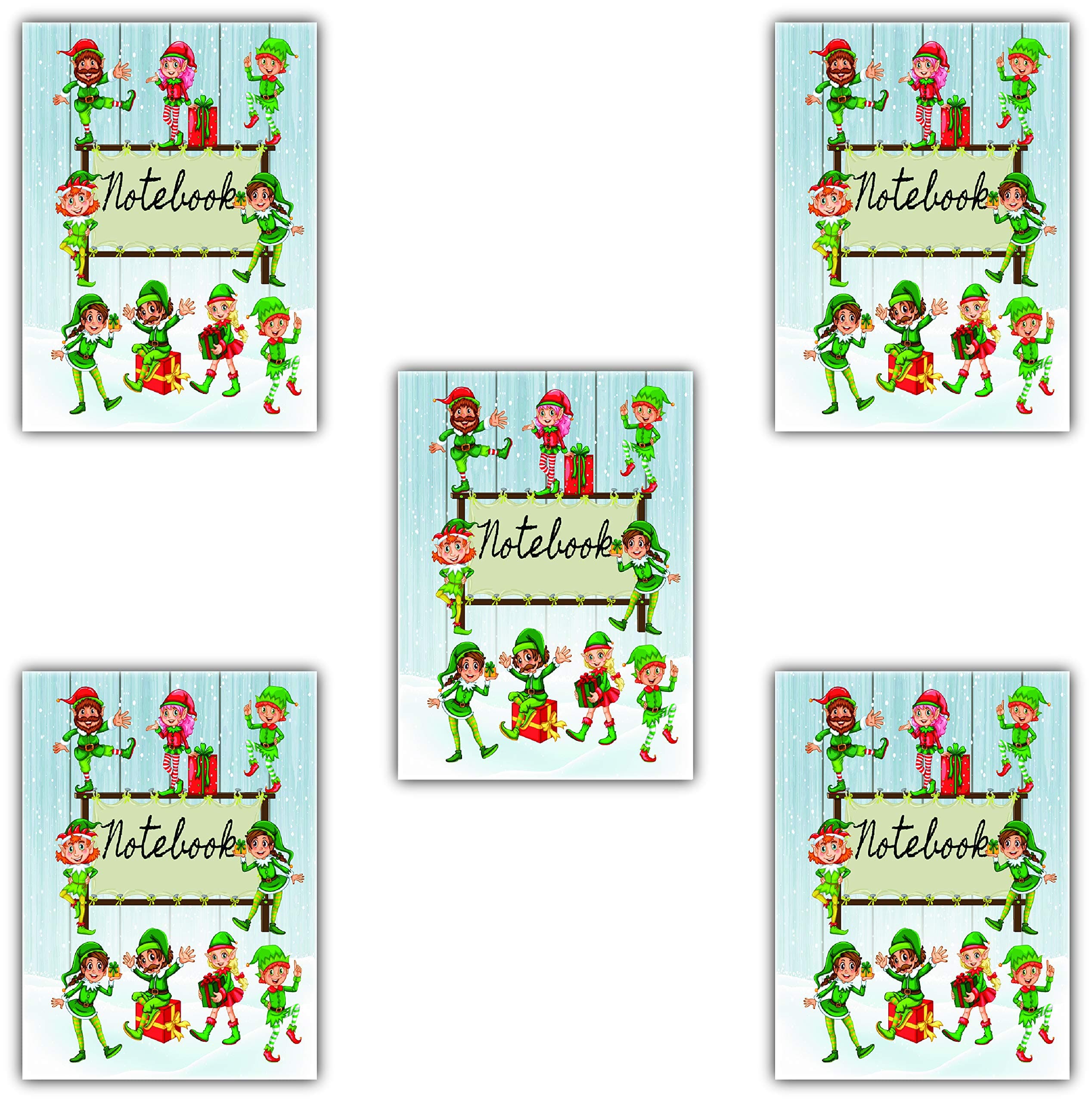 Pack of 5 Fun Christmas Elf Notebooks. 40 Full colour pages. Made in the UK Great Stocking fillers