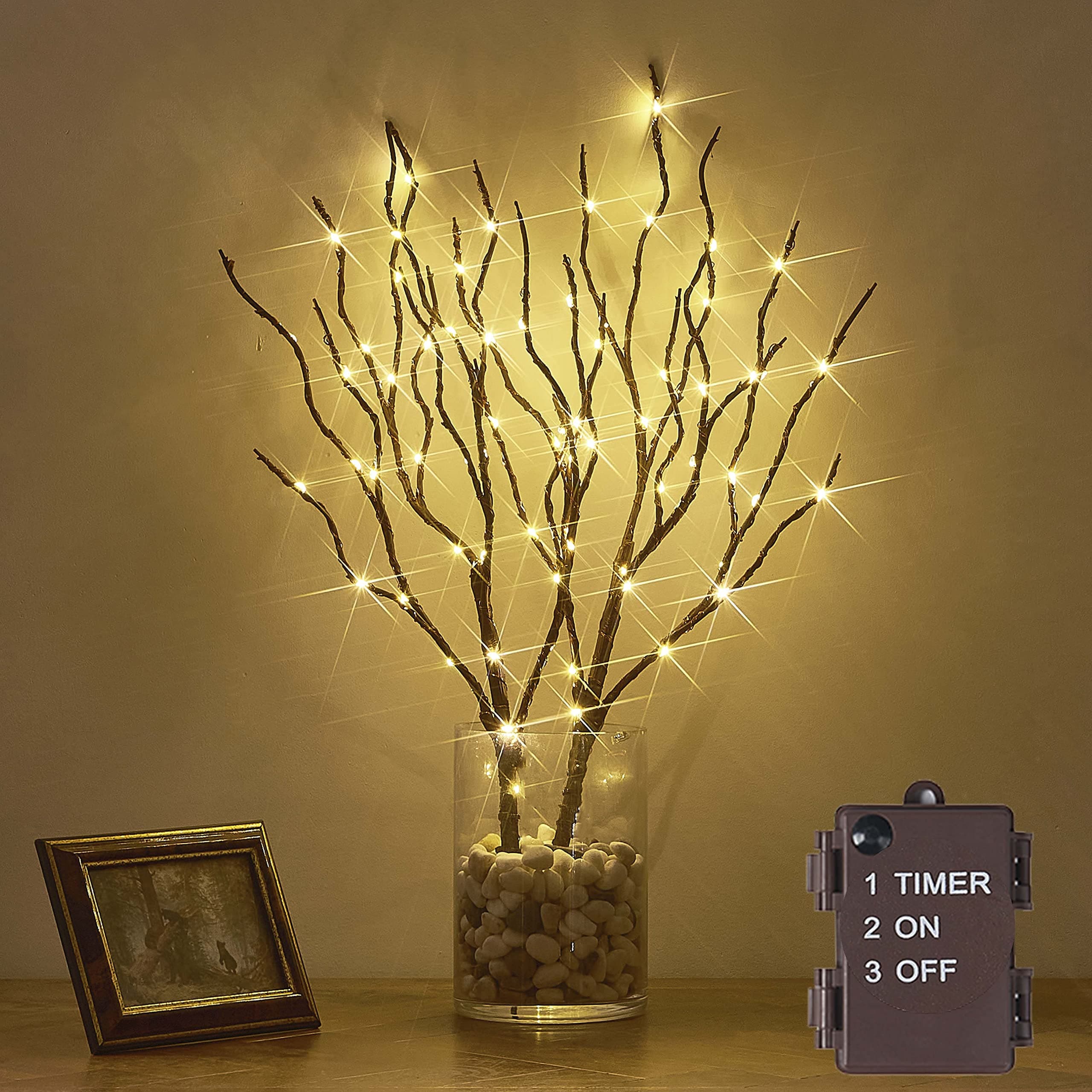 Hairui Twig Branches with Fairy LED Lights 18IN 70LED Battery Operated Lighted Brown Willow Branches for Home Witner Christmas Decoration Indoor Outdoor Use (Vase Excluded)
