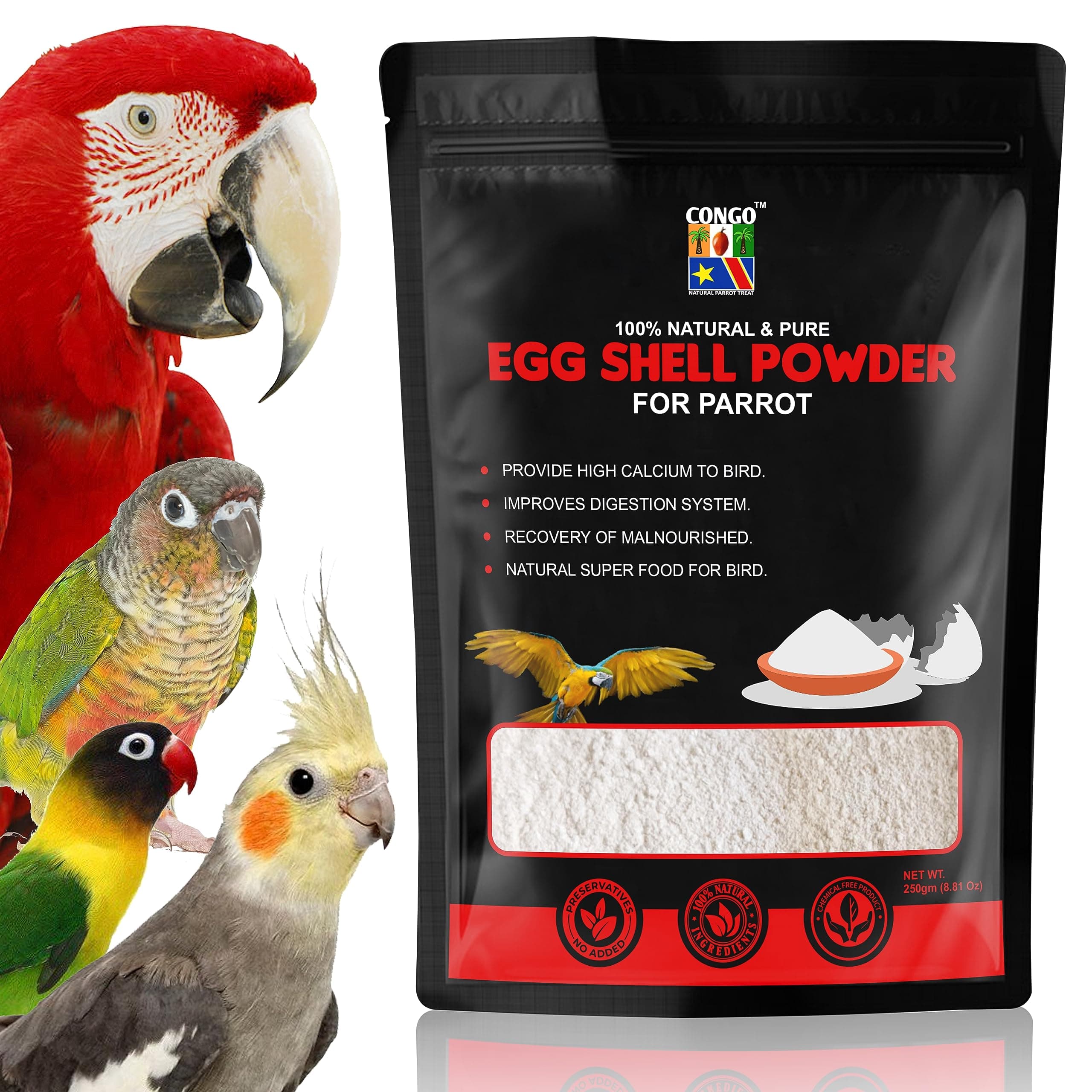 Congo® 250gm Egg Shell Powder Provide High Calcium for Finches, Budgies, Conures, Lovebirds, Cockatiels, African Grey, Macaws, Cockatoo, Eclectus and Other Birds, 250gm