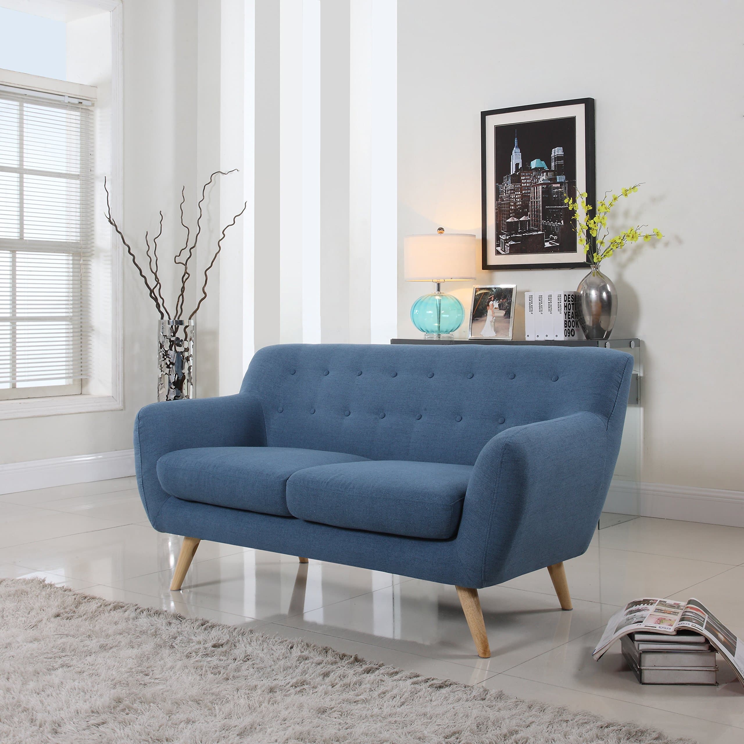 Mid-Century Modern Linen Fabric Sofa, Loveseat in Colors Light Grey, Polo Blue, blue, Yellow and Red (Blue, 2 Seater)