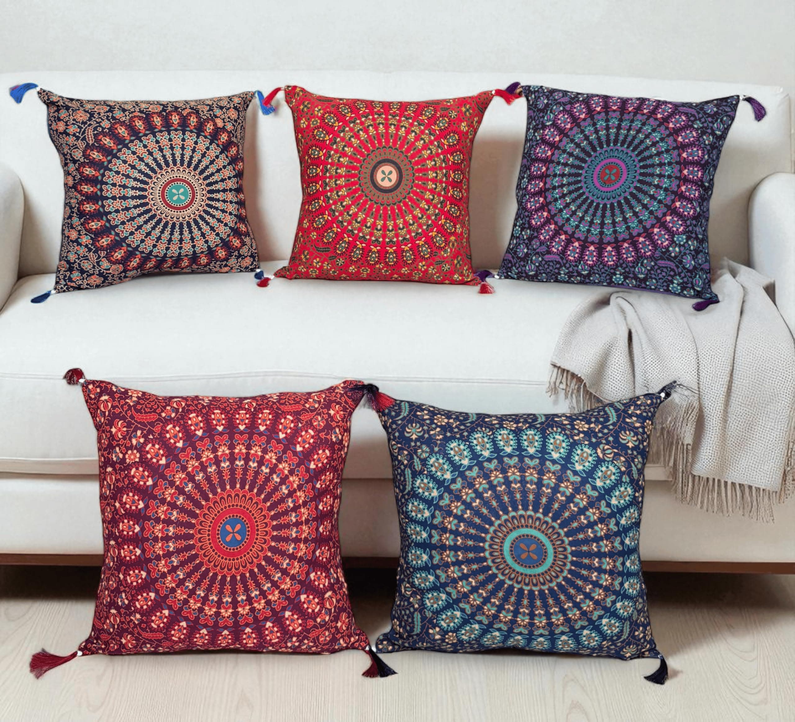 Outdoor Throw Pillow Covers, Boho Decorative Cases, Set of 5 (Mandala Cushion Cover, 16X16 Inches)