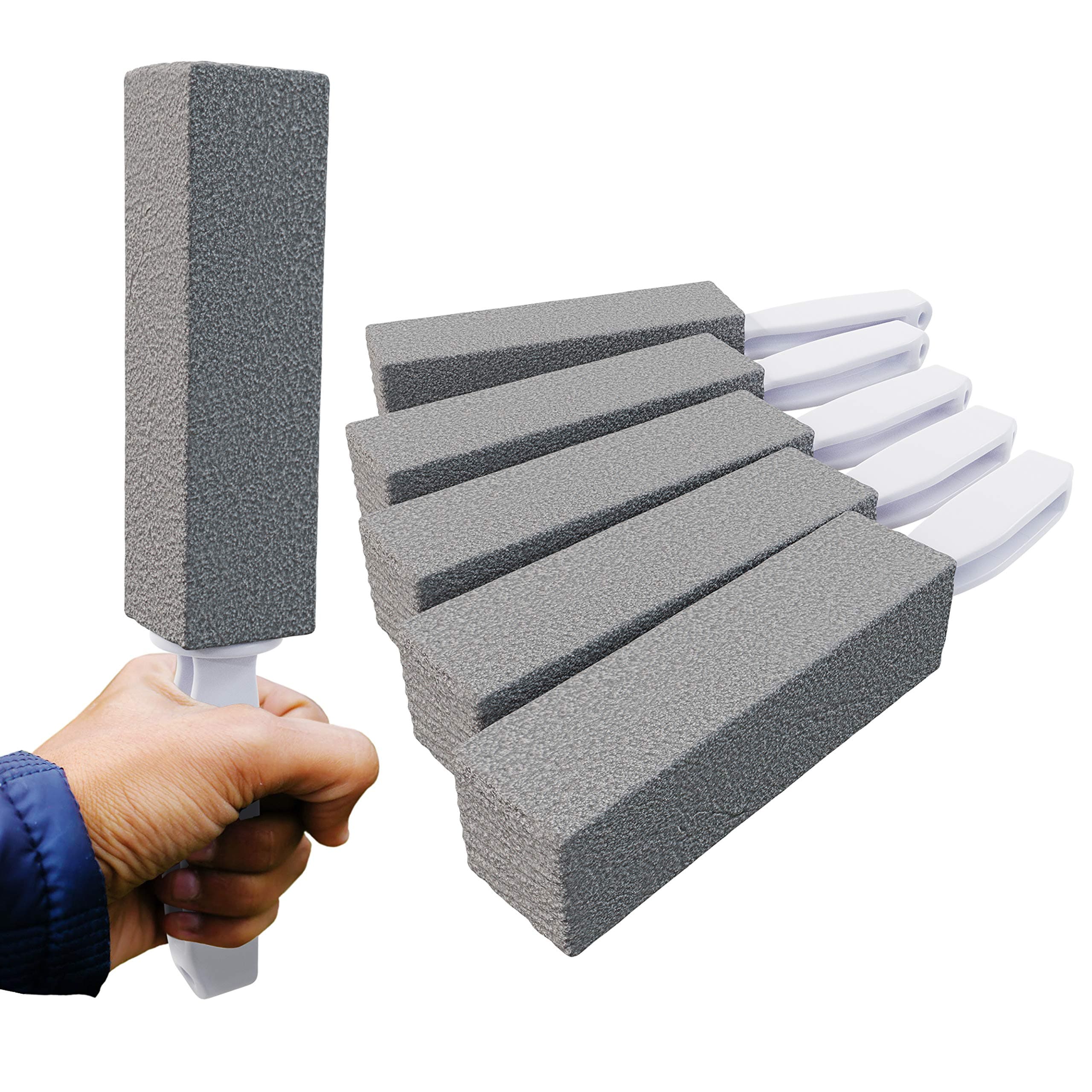 Non-Toxic, Chemical-Free Grey Pumice Scrubber 6 Pk with Handle. Perfect Reusable Cleaning Block for Kitchen, Cookware, Grills, BBQs and Bathrooms. Best Cleaner for Rust Stains, Carbon, or Calcium