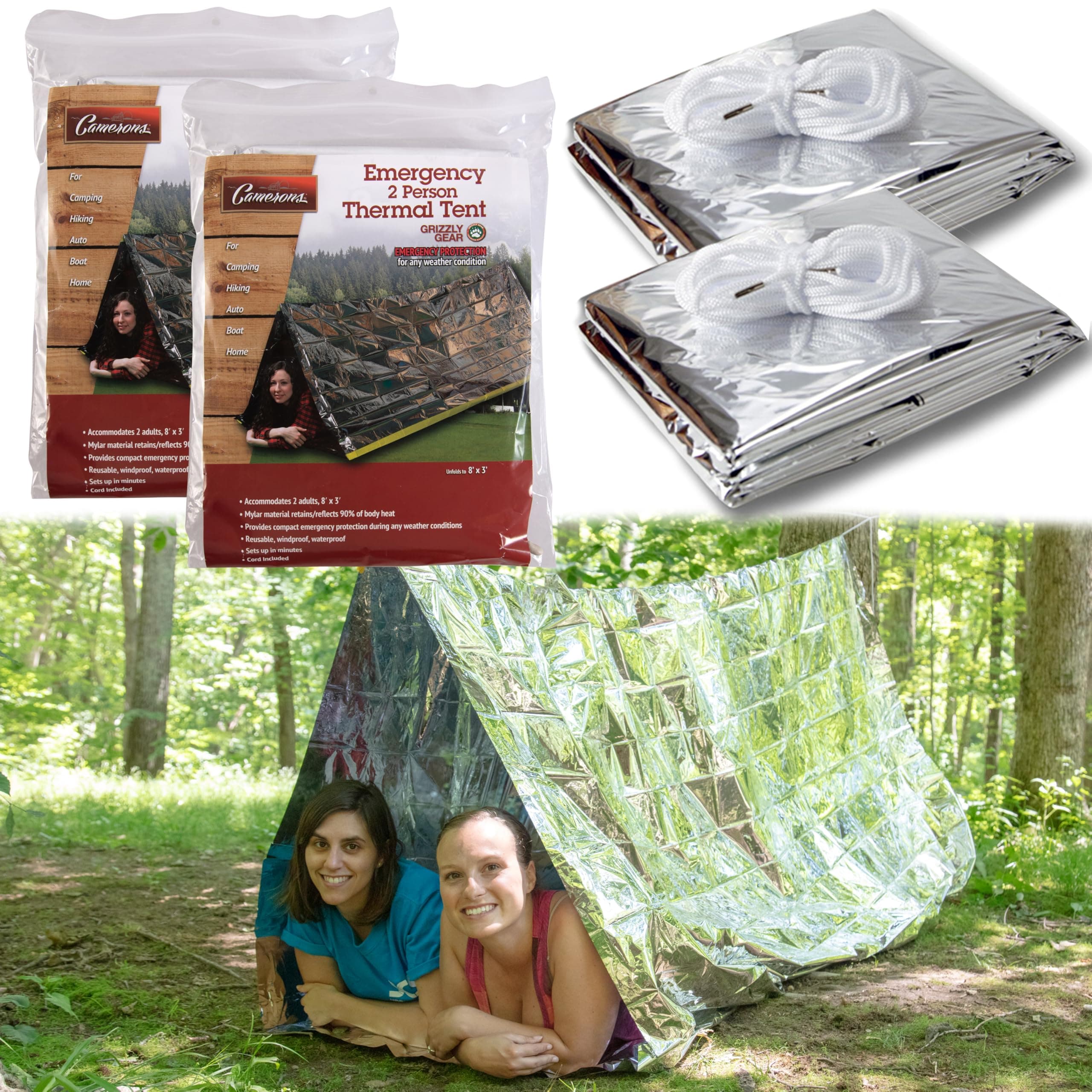 Grizzly Gear Emergency Thermal Tent | Weatherproof Mylar Disaster Survival 2-Person Bivouac 2-Pack | 8 ft x 3 ft | Compact Lightweight Hiking/Camping/Backpacking Shelter | Premium Prepper
