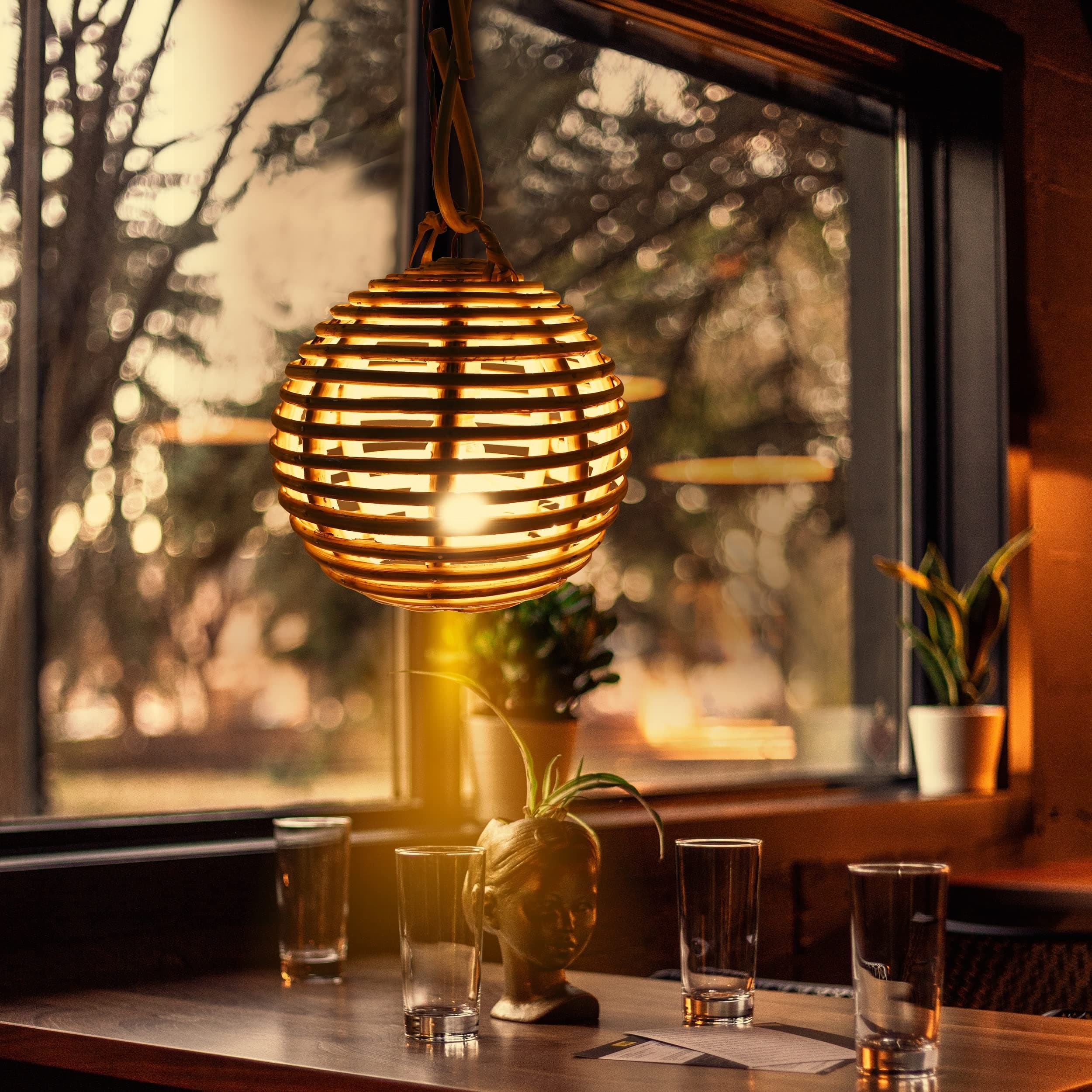 ZILVER: Living with Nature Round Handmade Natural Cane Lamp Shade Ceiling Light Handcrafted Decor ( Varnish Brown, Set of 2)