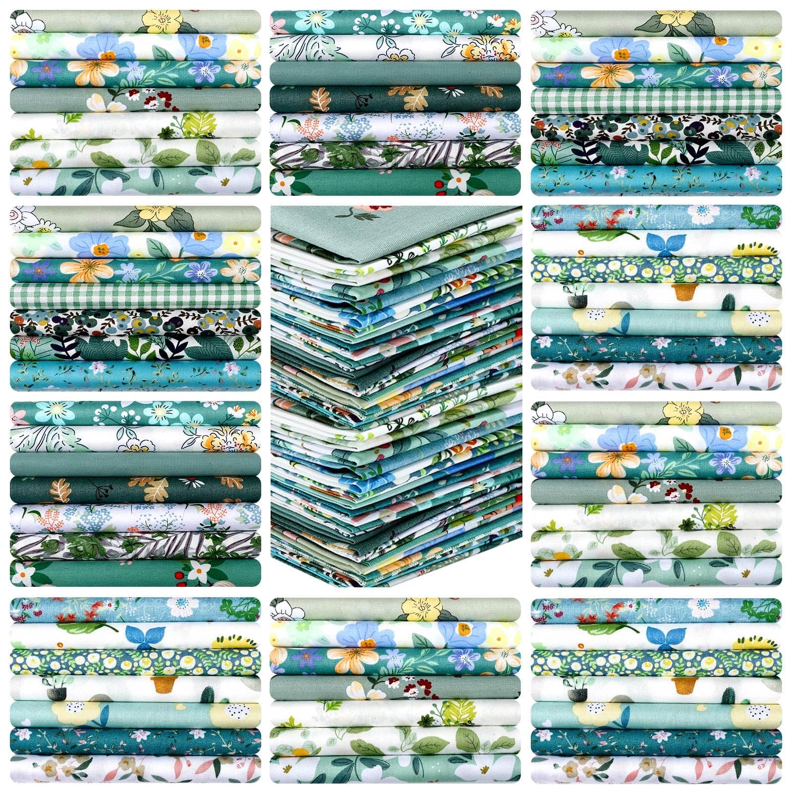 Tudomro 70 Pcs 10 x 10 Inch Cotton Fabric Squares Multicolor Quilting Fabric Bundles Precut Printed Patchwork Materials for Holiday DIY Crafts Cloths Handmade(Green Floral)