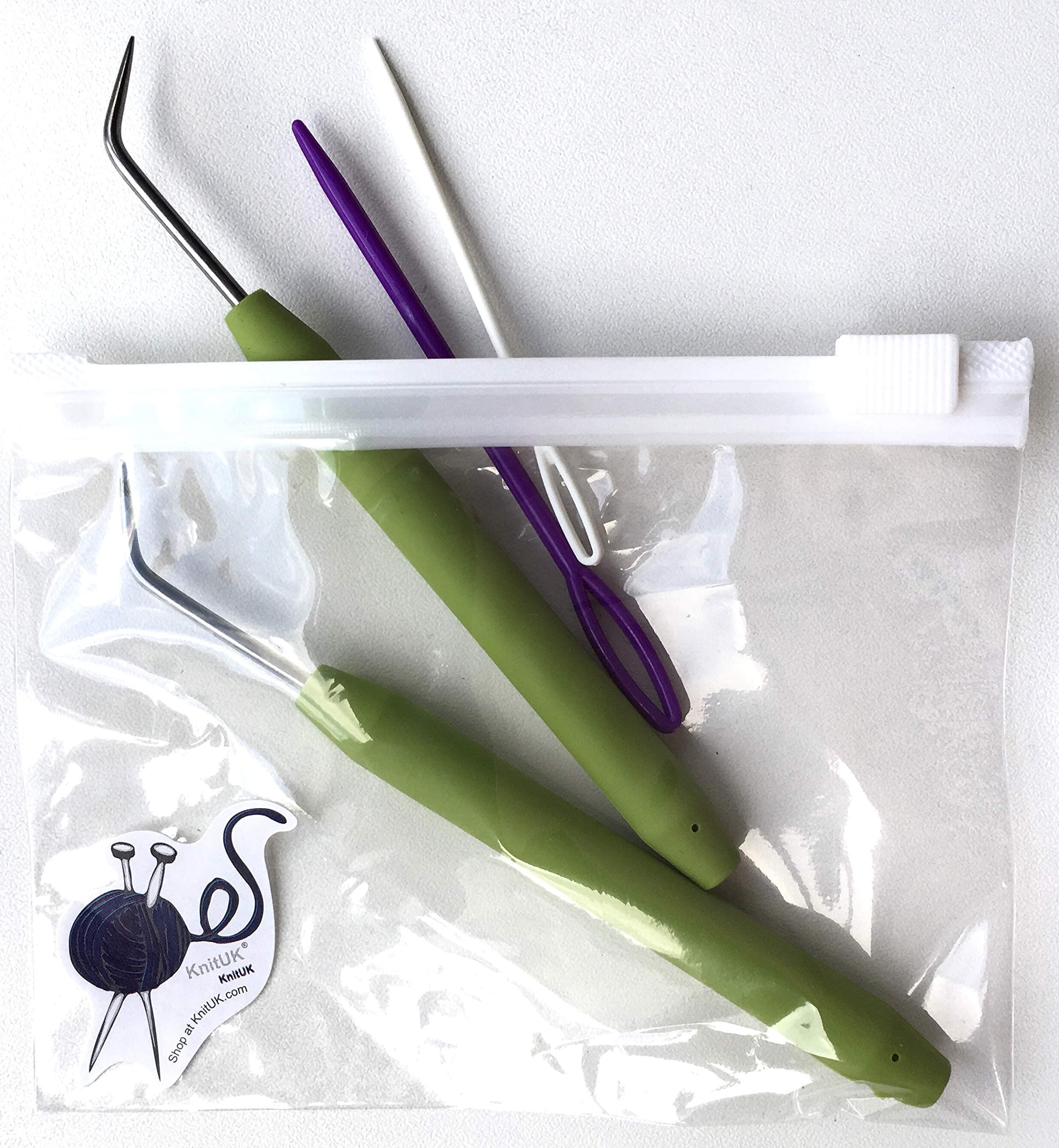KnitUK Knitting Loom Hook Set of 2 Green Soft-Grip Picks and 2 Needles.