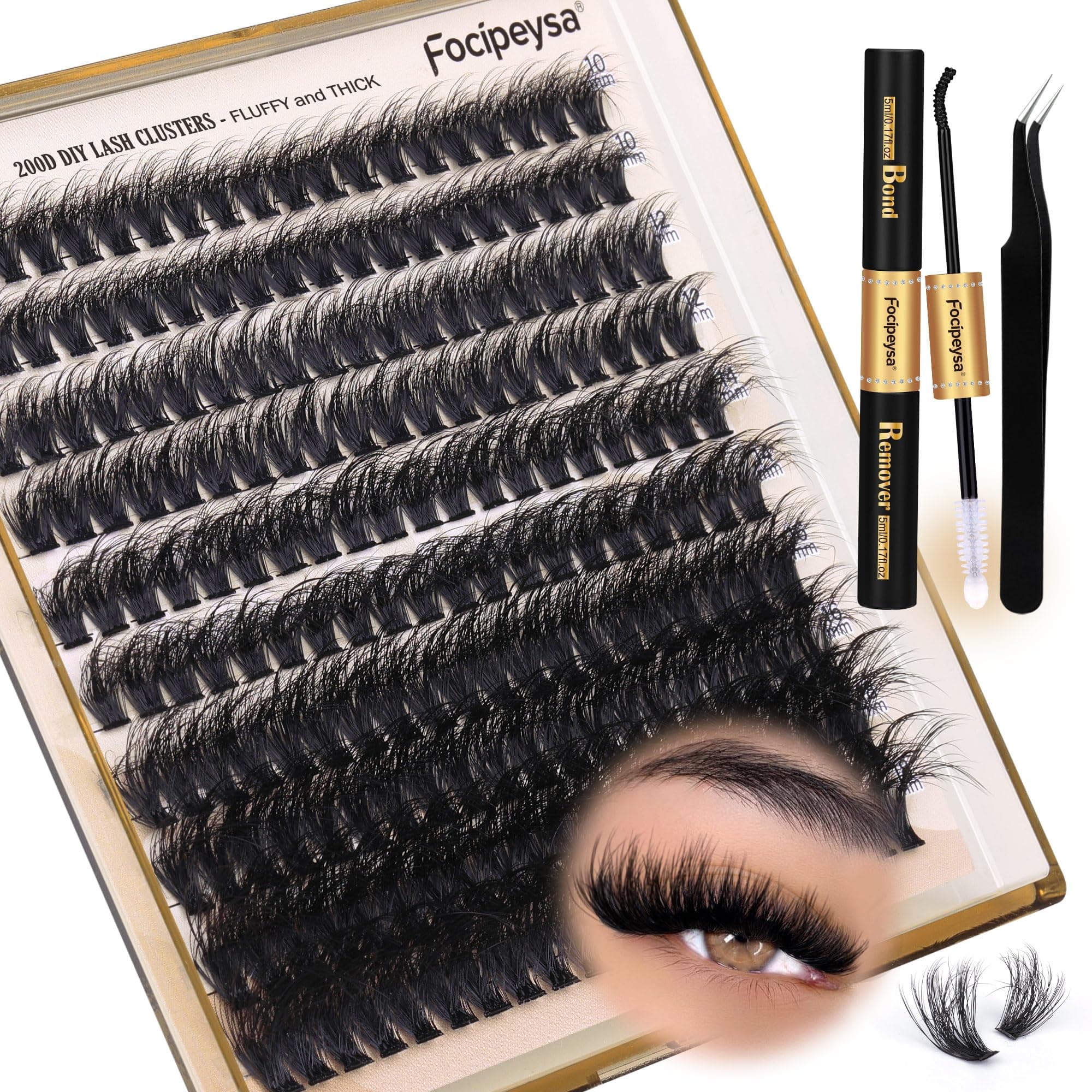 Lash Extension Kit Thick Eyelash Extension Kit 10-18mm Fluffy Lash Clusters 200D Individual Eyelashes Kit with Lash Bond, Lash Remover, Lash Applicator, DIY Lashes Extension for Beginners by Focipeysa