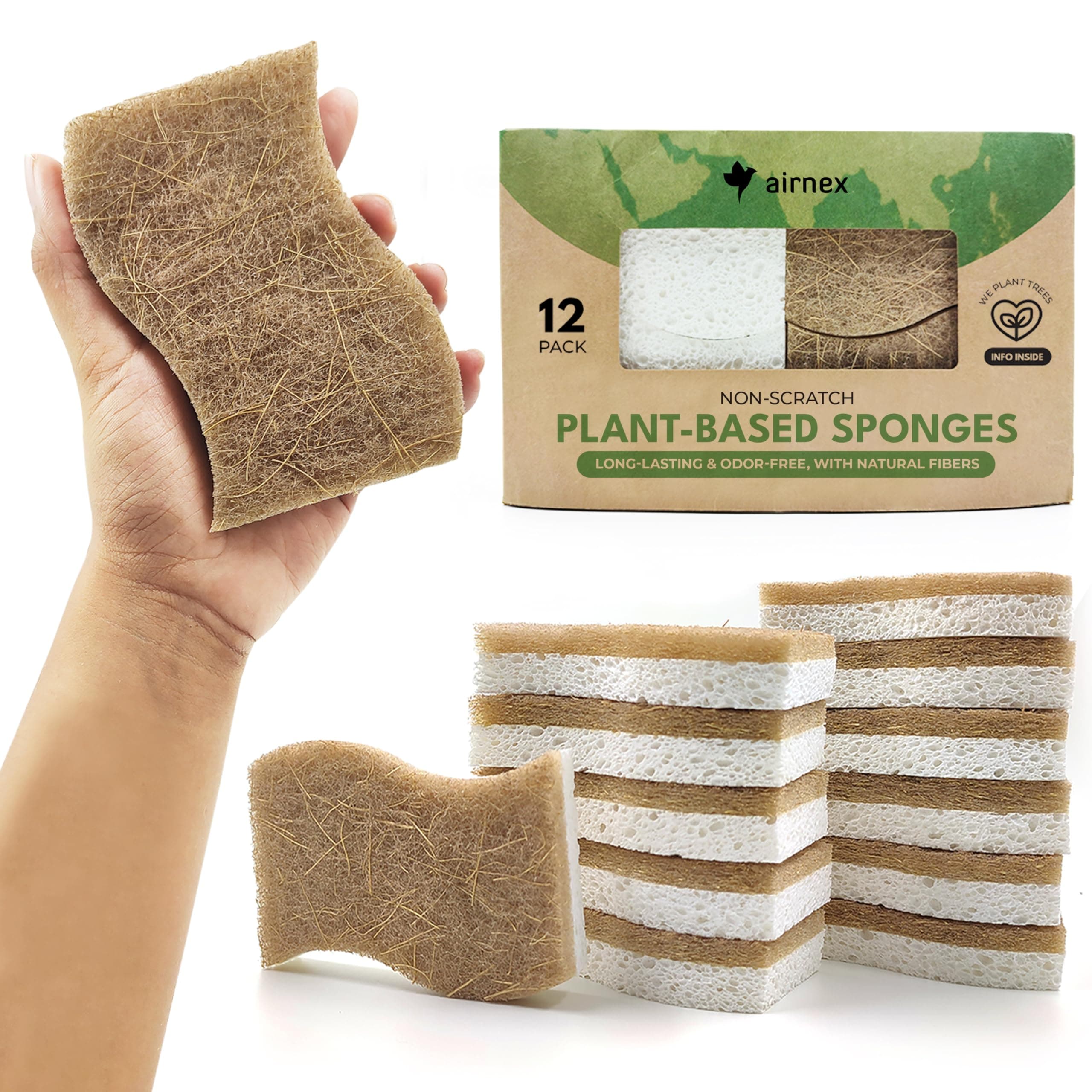 Natural Kitchen Sponge - Biodegradable Compostable Cellulose and Coconut Scrubber Sponge - Pack of 12 Eco Friendly Sponges for Dishes