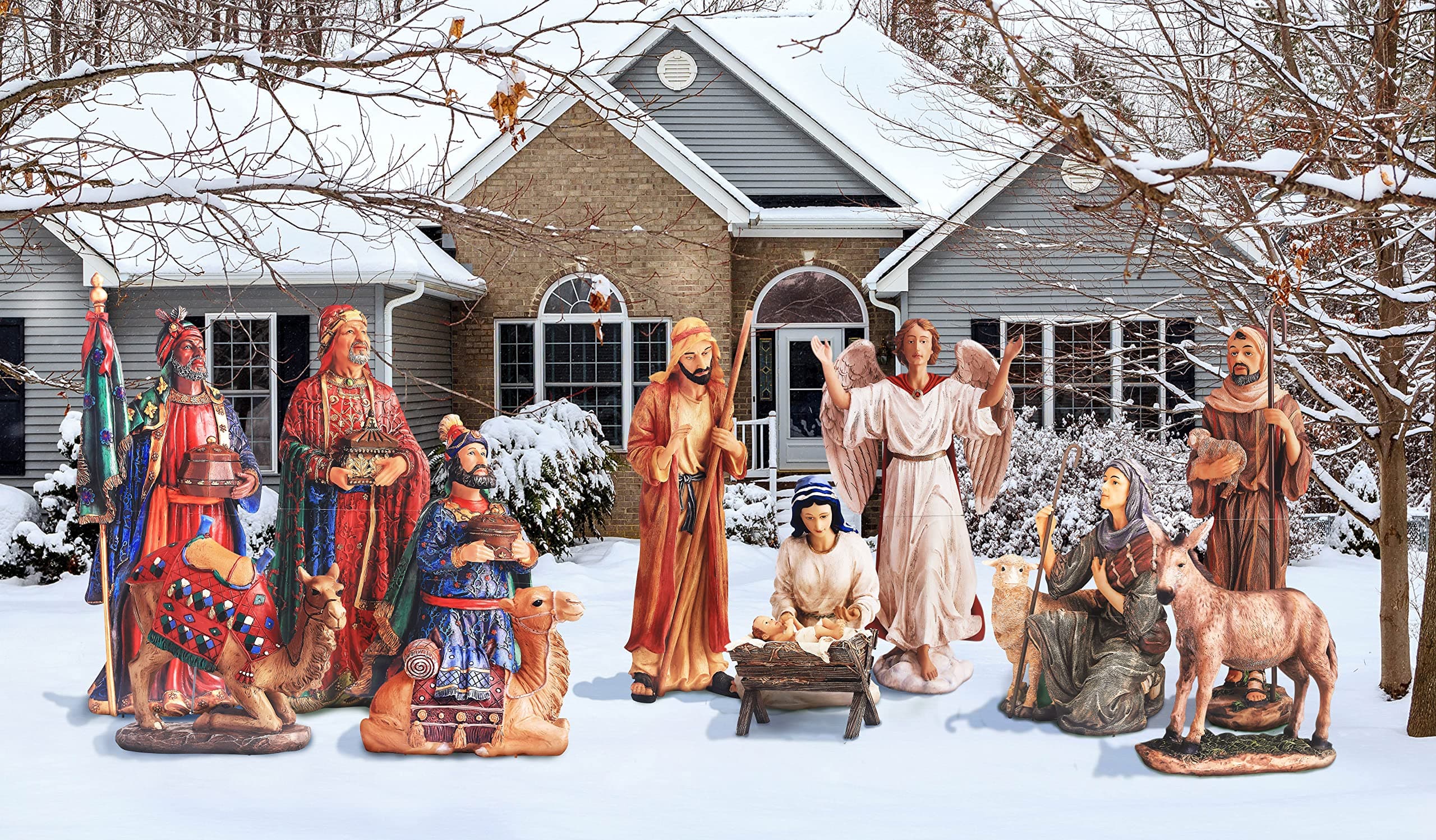 Complete 12pc Outdoor Nativity Set 51" Tall - Lifelike High Res, Sturdy 22 Gauge Flat Metal, Strong Windguard Bracing. Includes Baby Jesus, Joseph, Mary, Shepherds, Wisemen, Animals