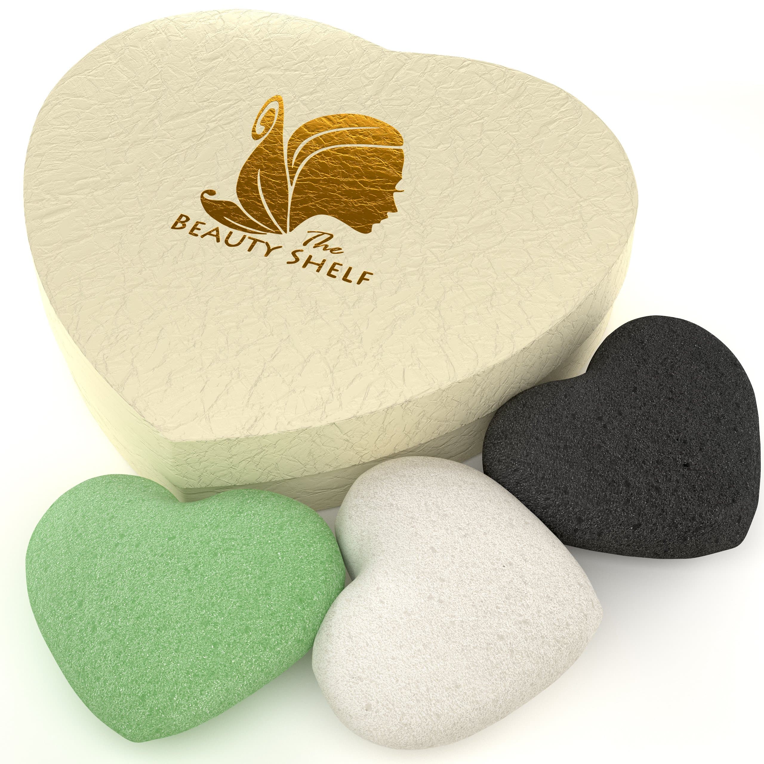 The Beauty Shelf Konjac Sponge Set, 3 Pack Exfoliating Facial Sponges - Heart Shape - Pure Konjac Glucomannan with Activated Bamboo Charcoal, Green Tea, Natural White - for All Skin Types
