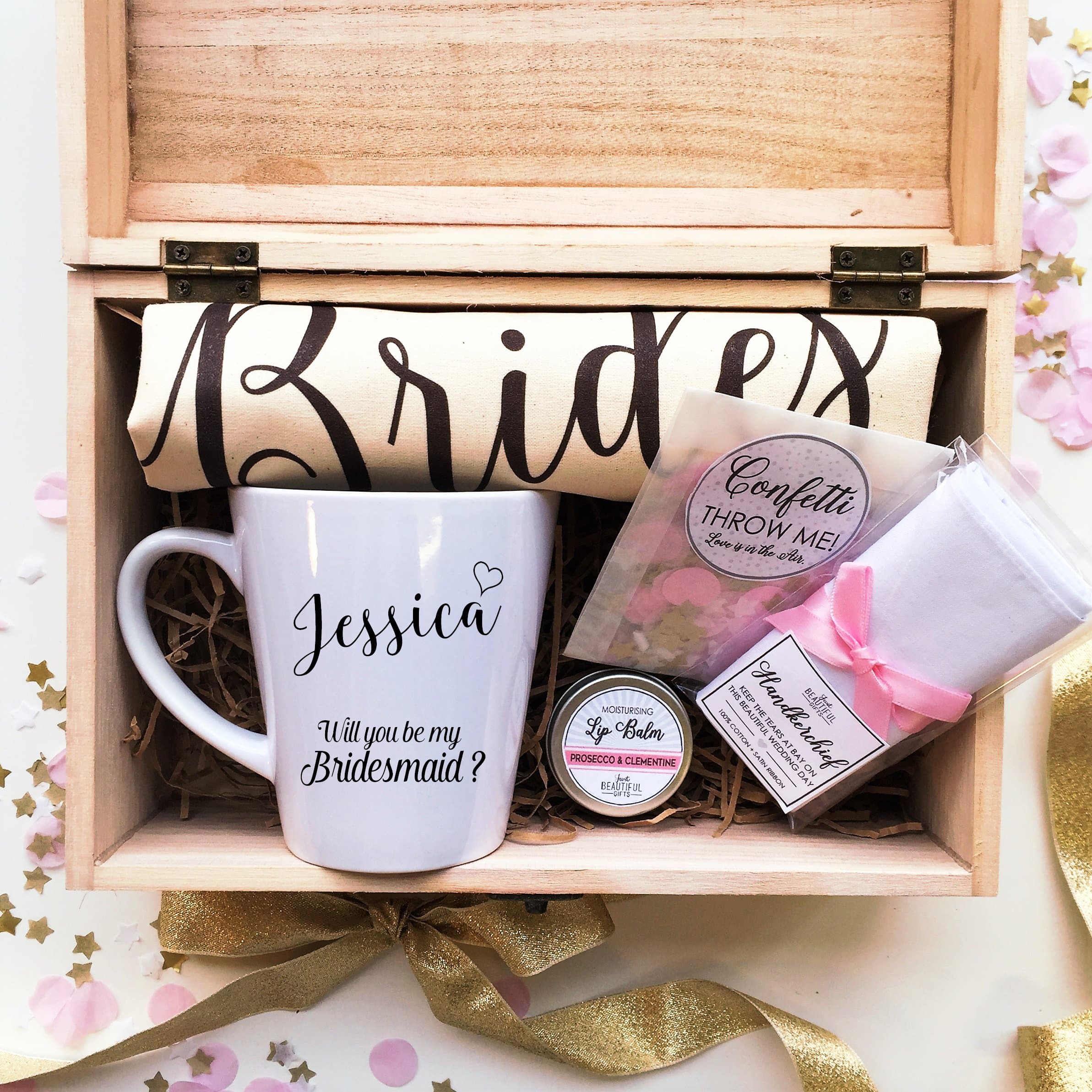 Personalised Pre Filled " Will You be My Bridesmaid " Latte Mug, Tote Bag, Lip Balm, Confetti and handkercheif in a Wooden Box Gift Set
