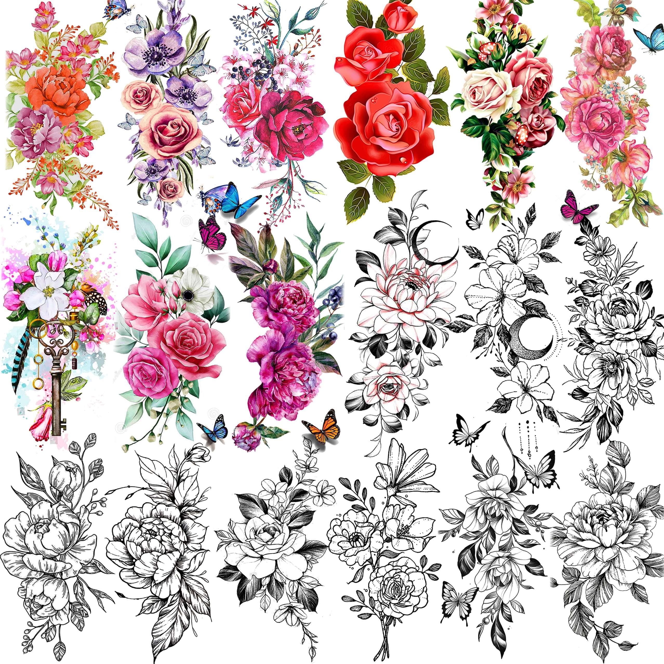 18 Sheets Sexy Flower Rose Temporary Tattoos For Women Girls Adults, Women Body Art Fake Arm Tattoo Stickers, Waterproof Moon Butterfly Black Floral Tattoo Temporary Orchid Dahlia Neck Tatoos